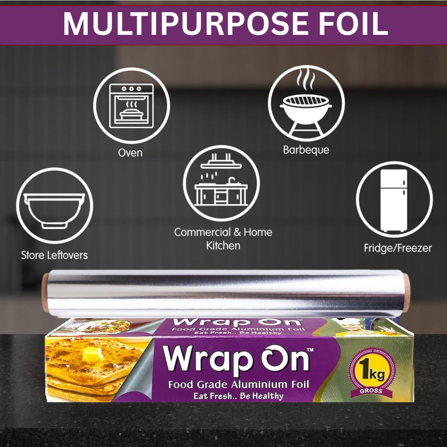 Wrap On Wrap On Aluminium foil 1kg roll Thick 18 Micron for Food Packing | foil Paper for Food wrap | Silver foil for Kitchen roll for roti | Parchment & Wrapping Paper (1kg net Heavy Duty foil)