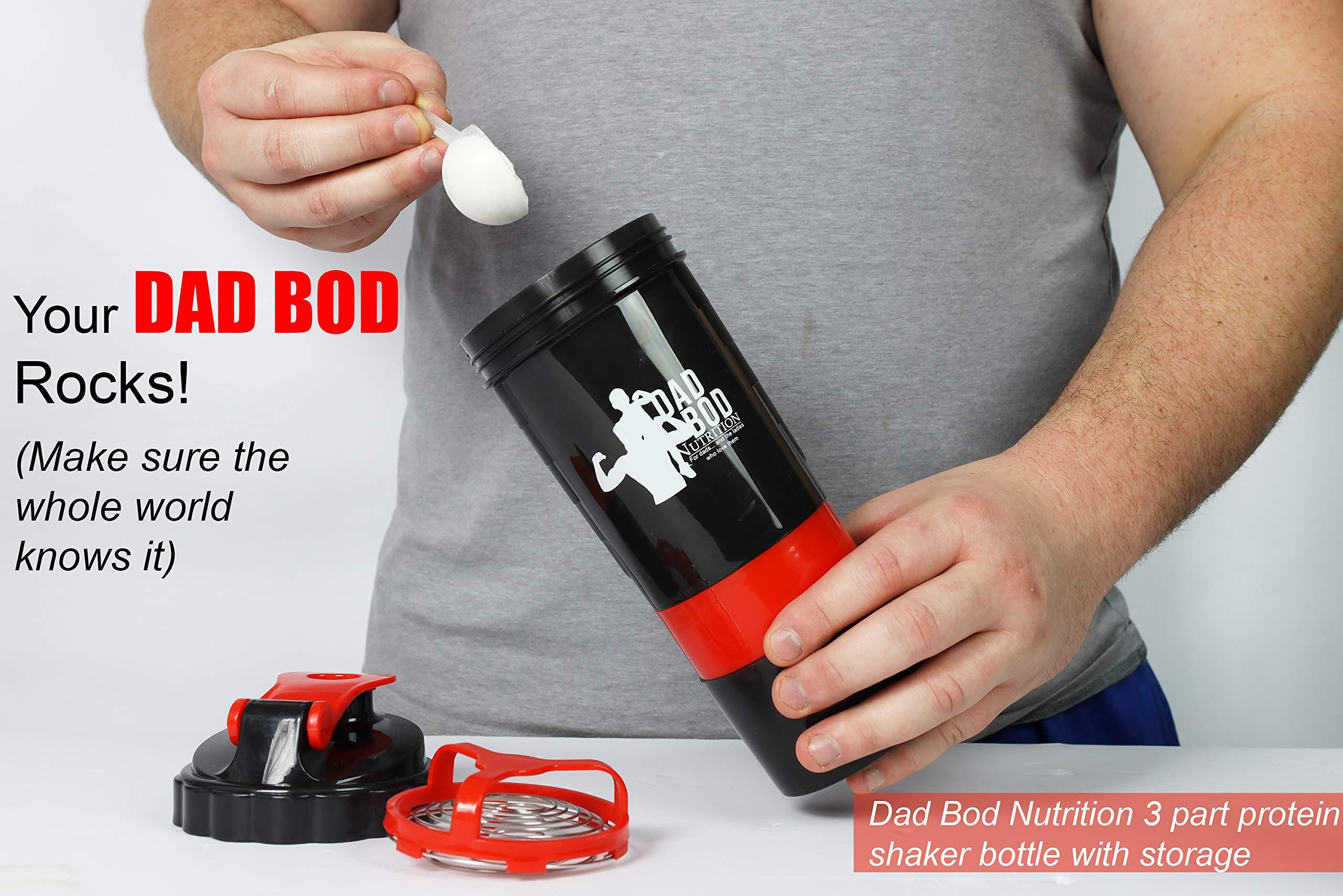 Dad Bod Nutrition Dad Bod Nutrition Funny Protein Shaker Bottle 3 Part with Storage Red Trim White Label (Red Trim)