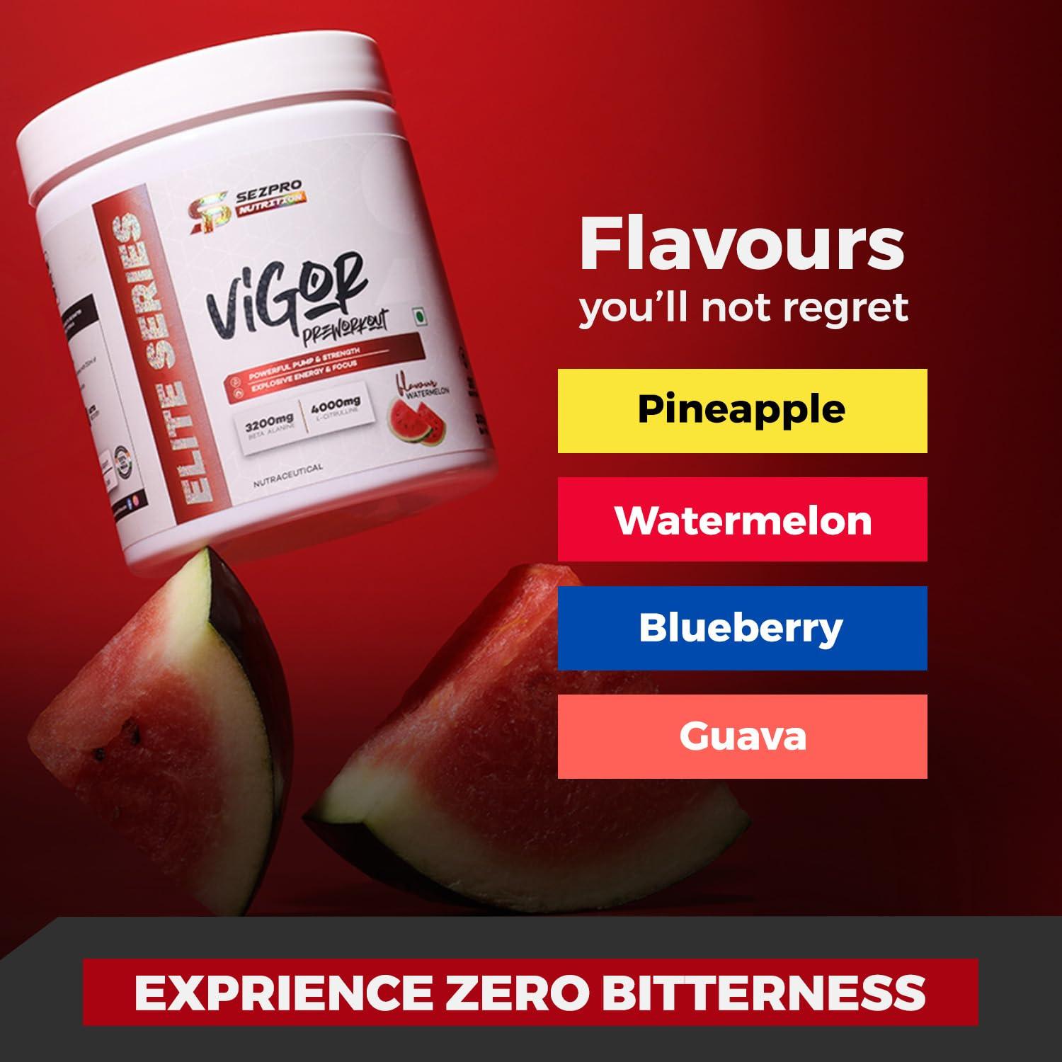Sezpro Nutrition Sezpro Nutrition Vigor Pre Workout | 300gm | 30 Servings | 300mg Caffeine | 200mg Theanine | 3200mg Beta Alanine | 4000mg Citrulline | Powerful Pump & Strength | Explosive Energy & Focus (Watermelon)
