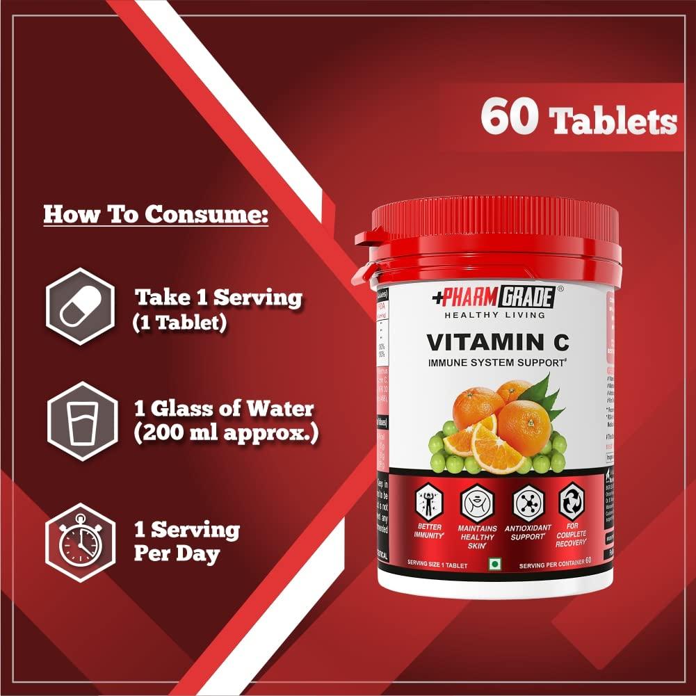 Pharmgrade PharmGrade Healthy Living Vitamin C 500mg Tablets From Natural Fruits Immunity Supplement For Men and Women | Antioxidants | Skincare | Immunity Booster | Phyllanthus Emblica ( Amla Ext) 230mg | Orange peel extract 230mg | Vitamin C 40mg | Zinc 12mg
