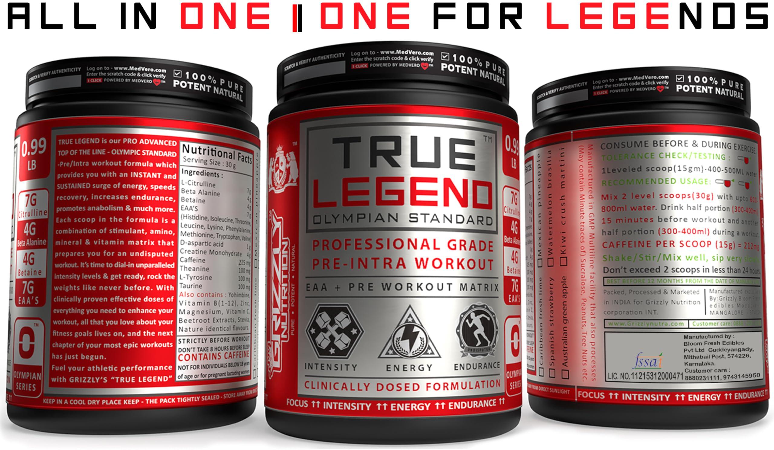 Grizzly Nutrition Grizzly Nutrition ,True Legend-Olympian Standard,Dualstage Pre Workout +Eaa Intra Workout-V2 Genesis 900Gram,32+ Performance Boosters (Lime+Kiwi-Dual Pack),Energy+ Prebooster 75 Serv,Powder