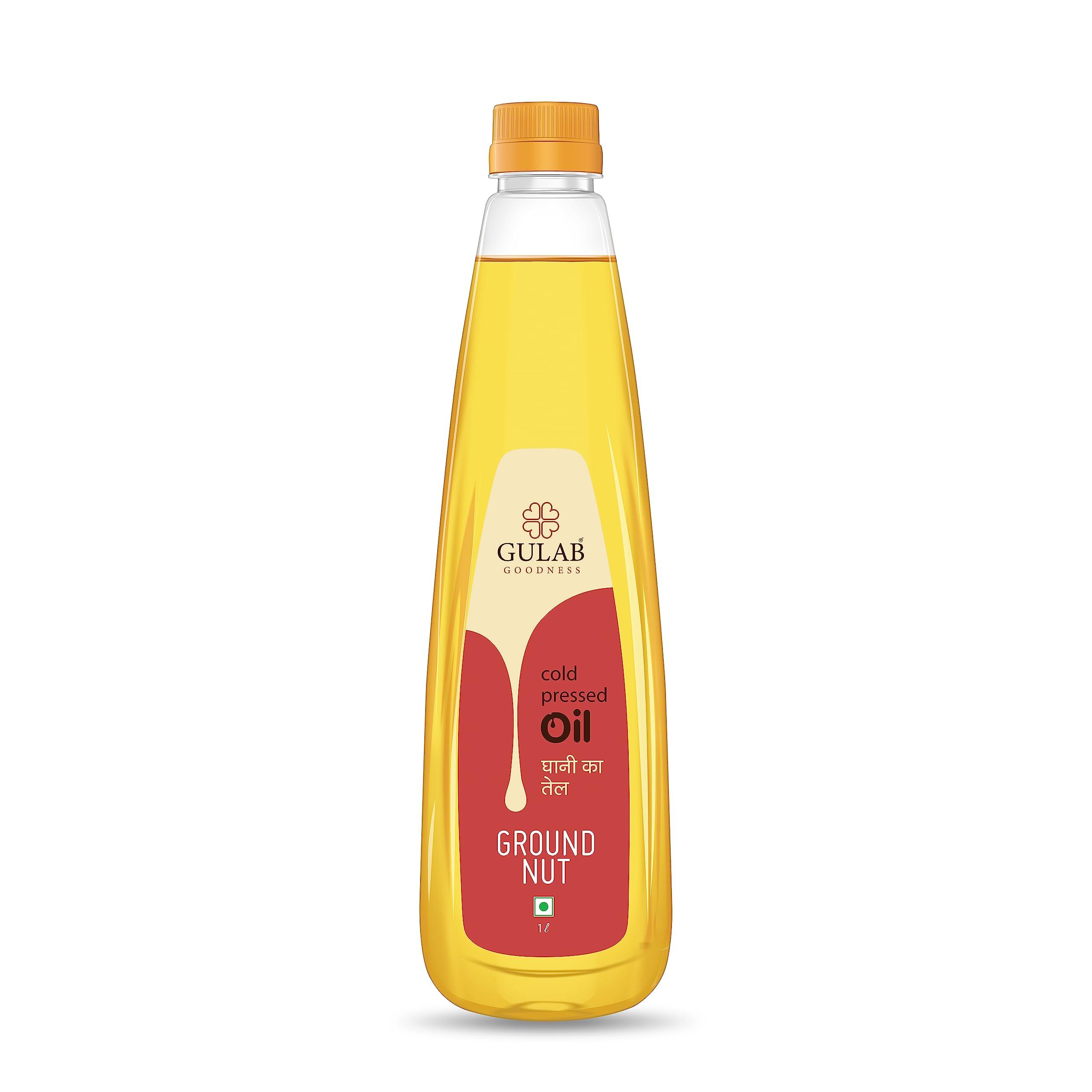 GULAB Gulab Cold Pressed Groundnut Oil - 1 Litre | Peanut Oil | Sing Tel | Kolhu / Kachhi Ghani / Chekku / Wood Pressed | Natural Oil | Chemical Free