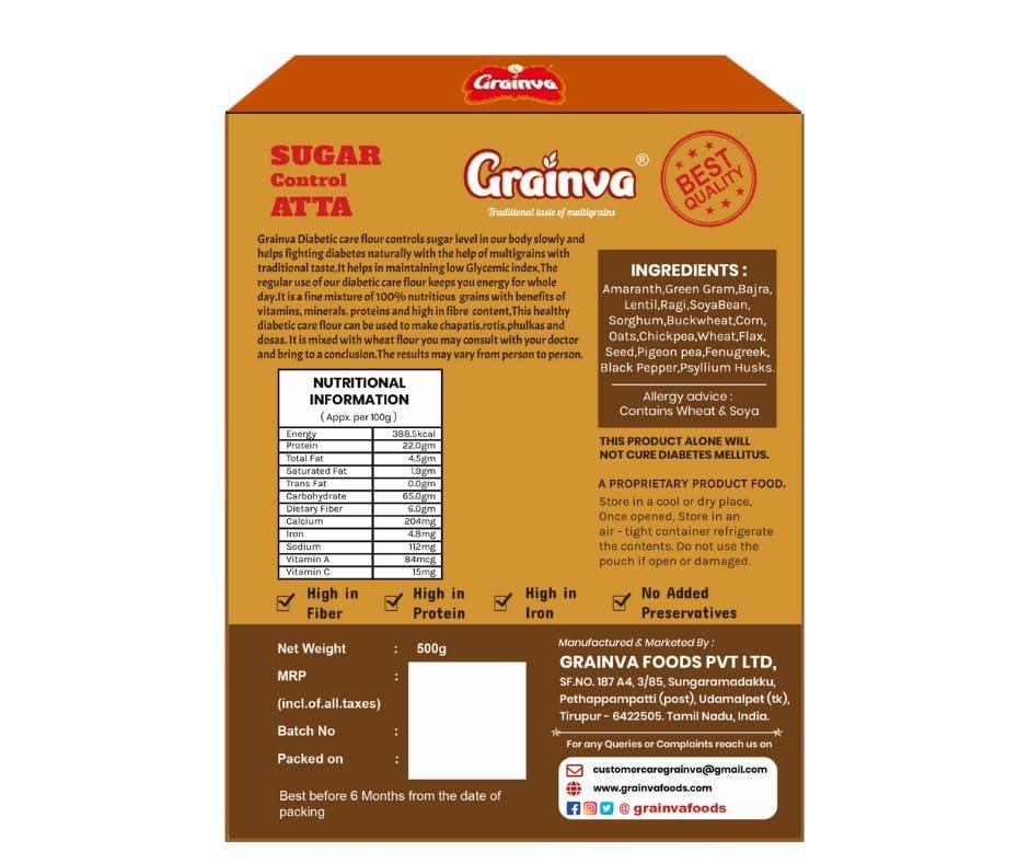 Grainva Grainva Sugar Free Attar or Flour 500gm Pack of 2 | Clinically certified Low GI| Helps Control Blood Sugar Levels Naturally | High Fiber | Diabetic Friendly | Multi Millet Mix | Multigrain Atta