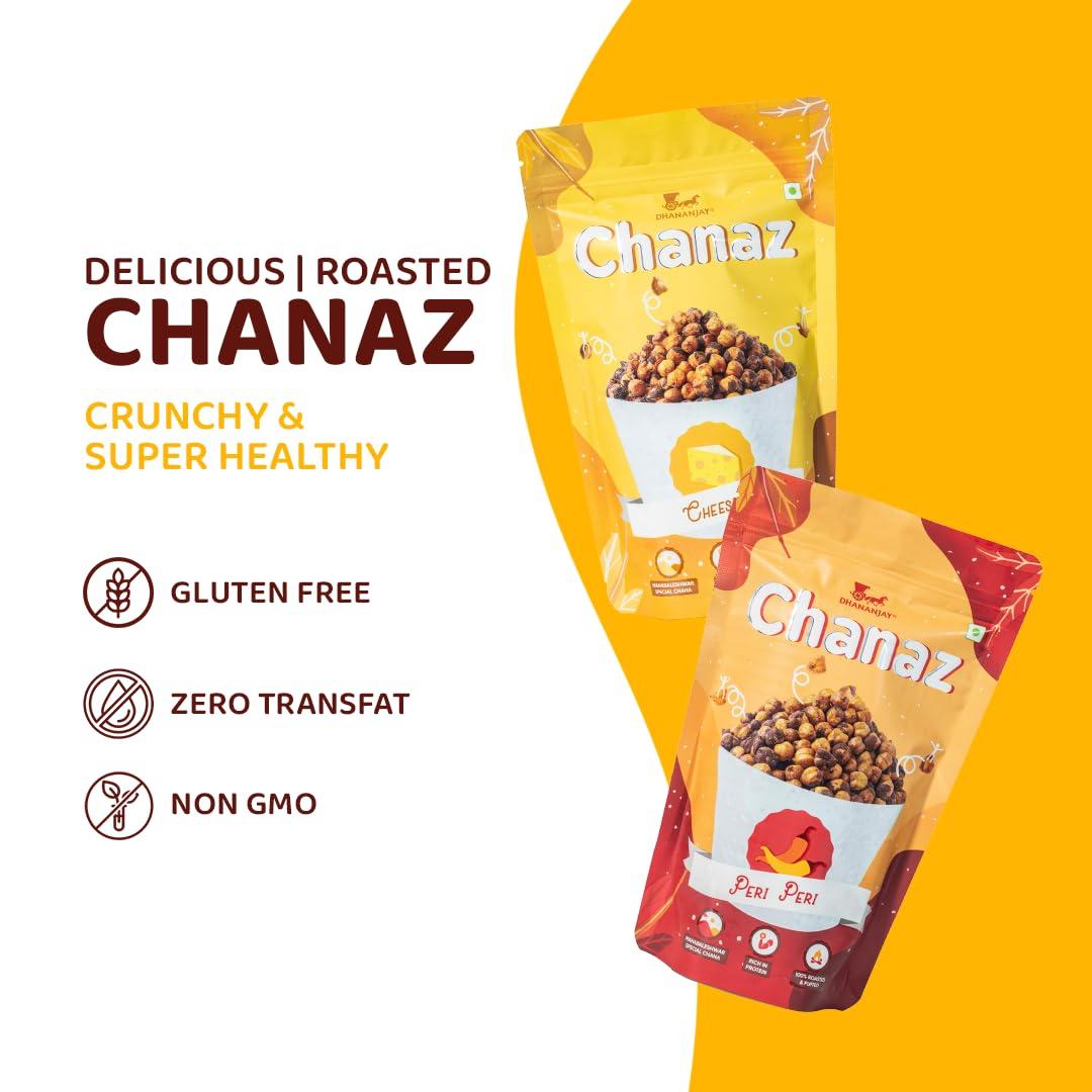 DHANANJAY DHANANJAY Roasted Flavoured Mahabaleshwar Chana (Chickpeas) | Gluten Free | Rich In Protein | 100% Roasted And Puffed | Pack Of 2 (Cheese 180 G & Peri Peri 180 G)