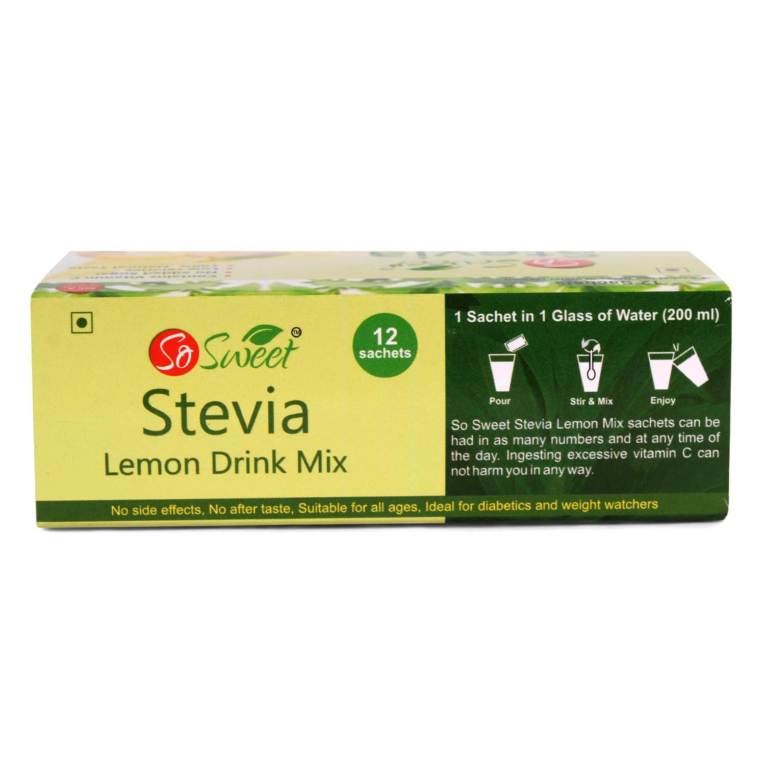 So sweet So Sweet Stevia Lemon Instant Drink Mix Sugar Free | Zero Calories| Enrich with Vitamin C | 12 Sachets