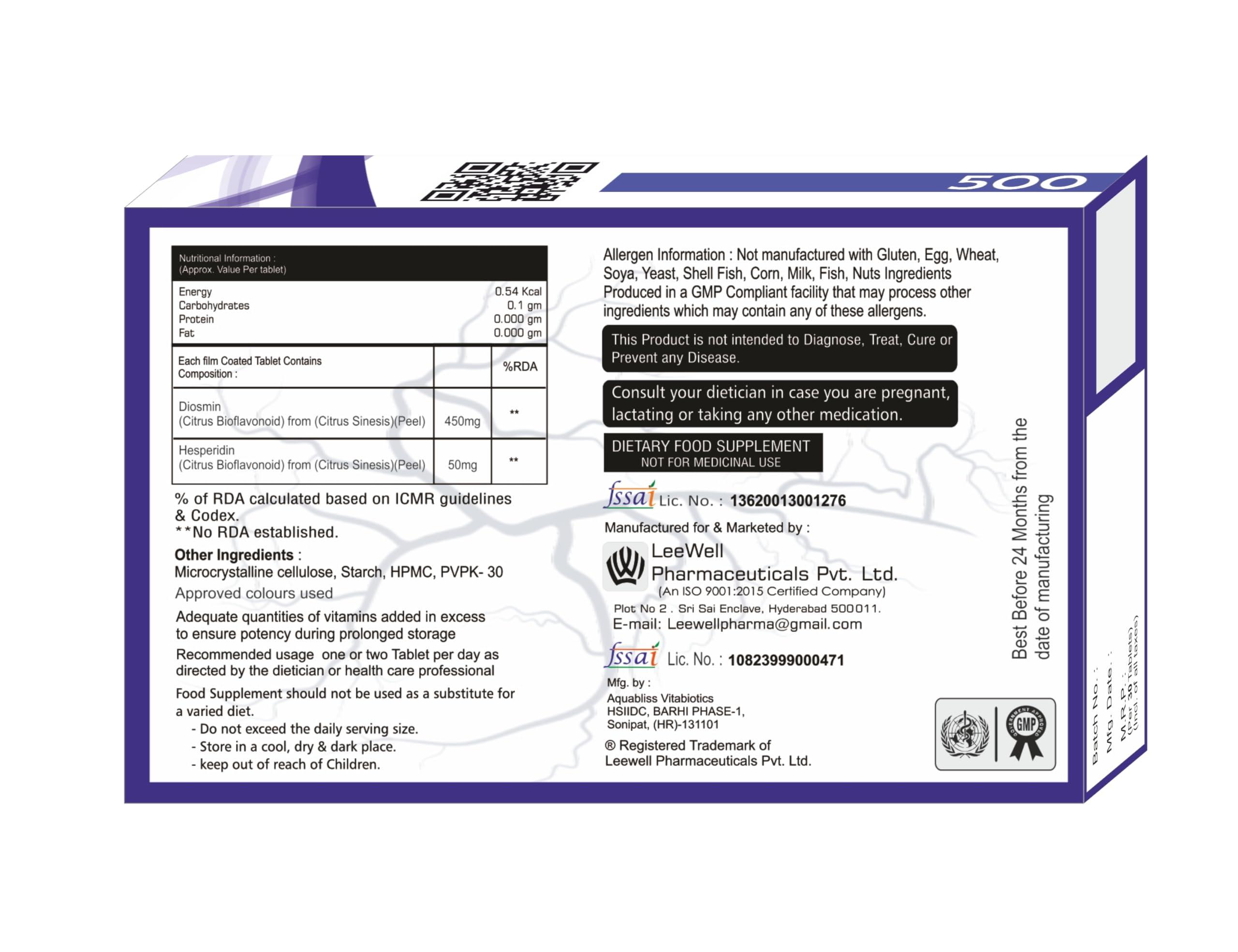 VARICLOSE Variclose -500 Advanced Support for Varicose Veins | Helps Strengthens Vein Wall & Improve Micro Circulation | Plant-based Nutrition for Restless Legs Health & Enlarged Vein discomfort | Citrus bioflavonoids Diosmin 450mg Hesperidin 50mg - 30 tablets