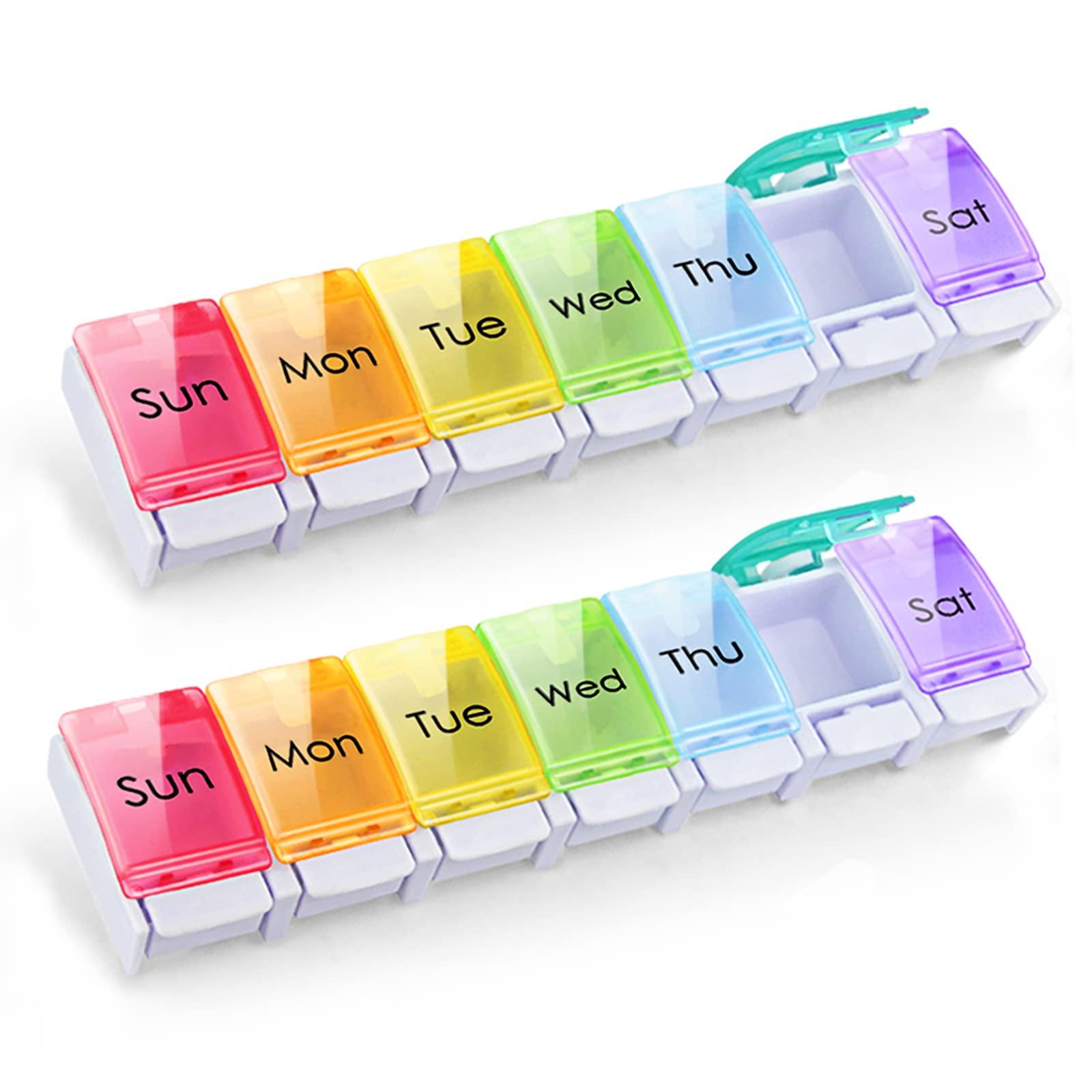 GOGOODA 2 Pcs Weekly Pill Organizer Arthritis Friendly (1 Time a Day), Travel 7 Day Pill Box Vitamin Organizer with Easy Push Button Design and Large Compartments to Hold Vitamins, Fish Oil, Medication