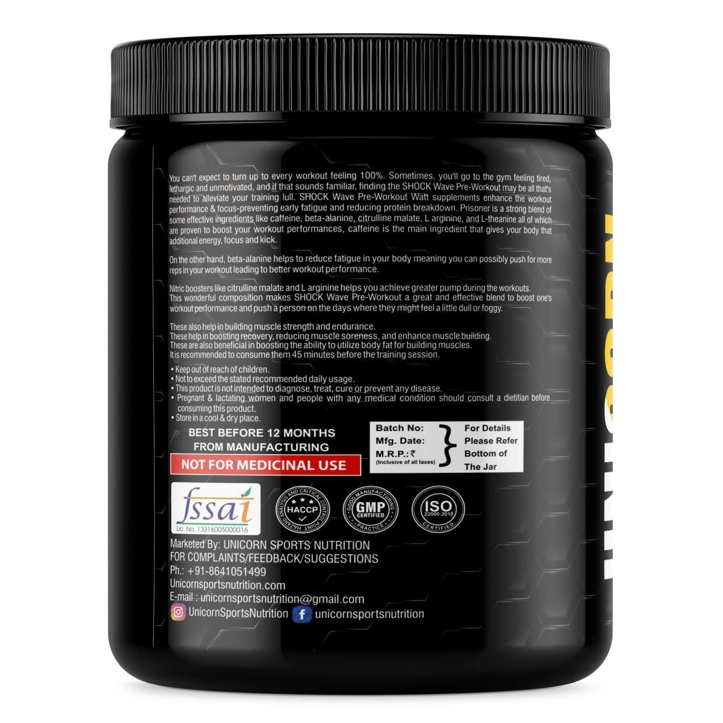 UNICORN SPORTS NUTRITION UNICORN SPORTS NUTRITION SHOCK WAVE Core Pre-Workout Supplement Powder with Creatine Monohydrate, Arginine AAKG, Beta-Alanine, Caffeinated -For Men & Women [Cola, 40 Servings, 170gm]