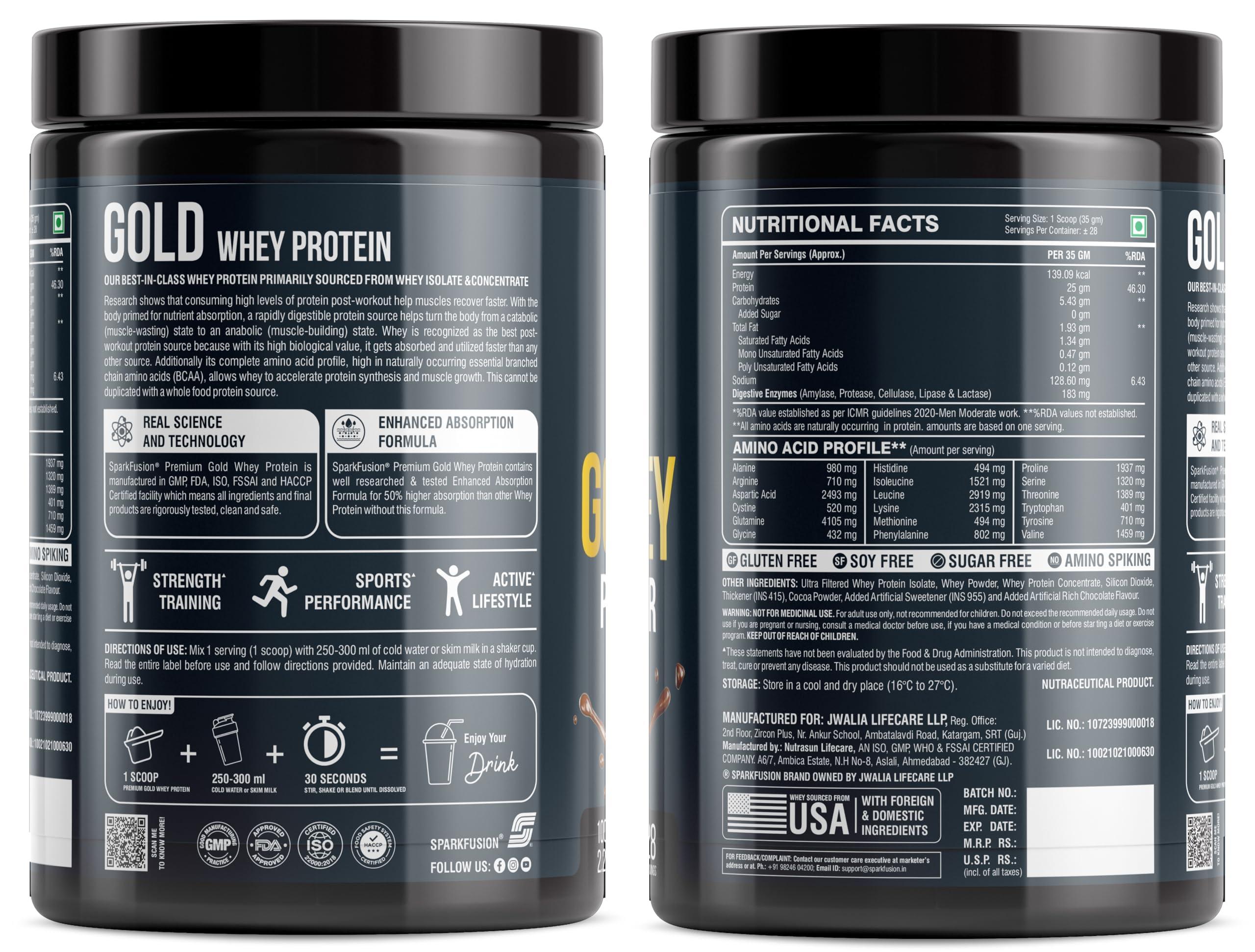 Sparkfusion Sparkfusion Premium Gold Whey Protein Isolate | 26g Protein,6g BCAA per Serving | Easy Mixing, Low Carbs, Easy Digesting | For Muscle Building & Recovery (Rich Chocolate, 1 kg (Pack of 1))