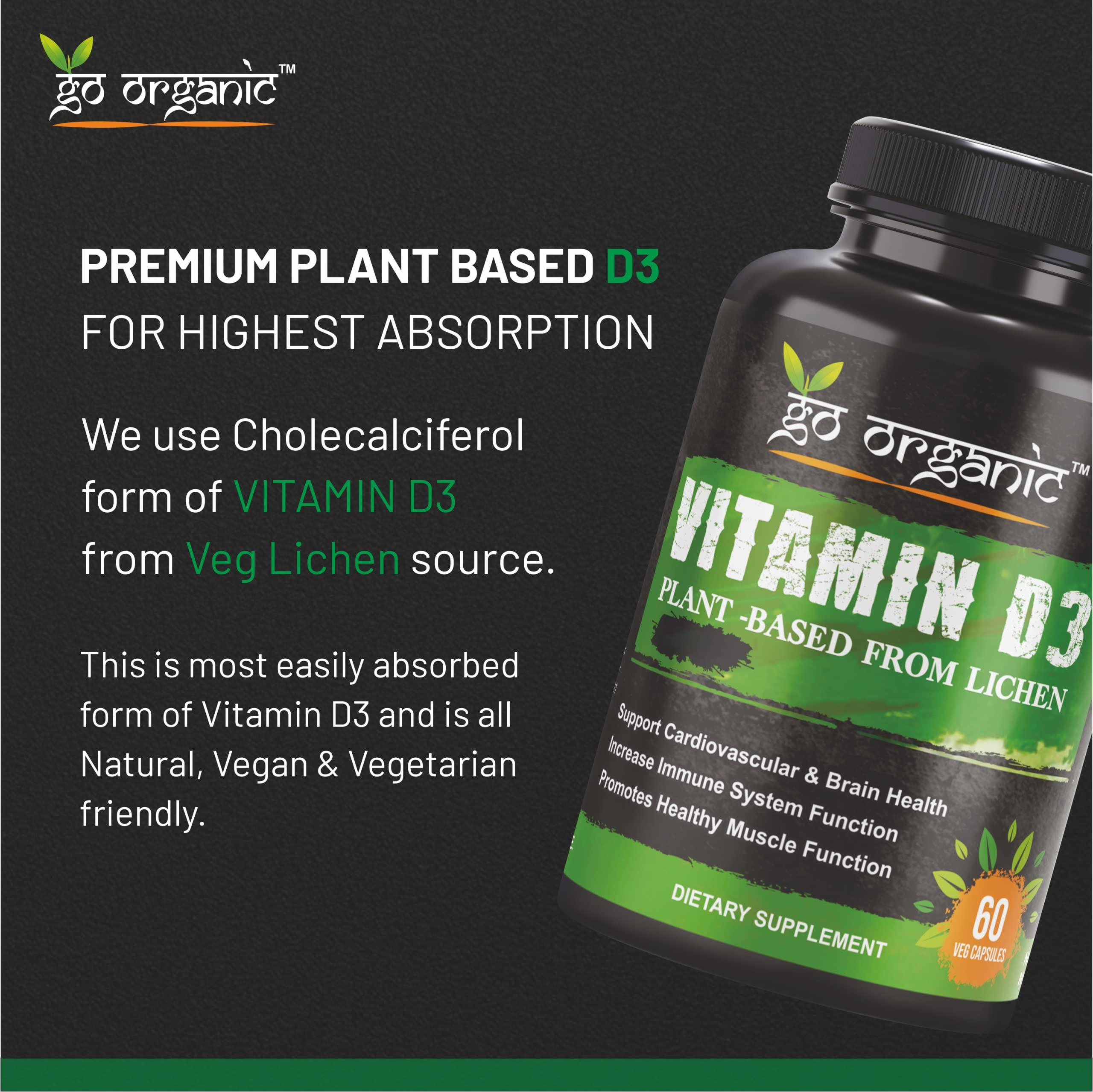 Go Organic Go Organic Vitamin D3 Plant Based from Lichen - Natural D3 Supplement for Immune System, Bone Support, Joint Health - Vegan - Non-GMO - Gluten Free 60 Cap.