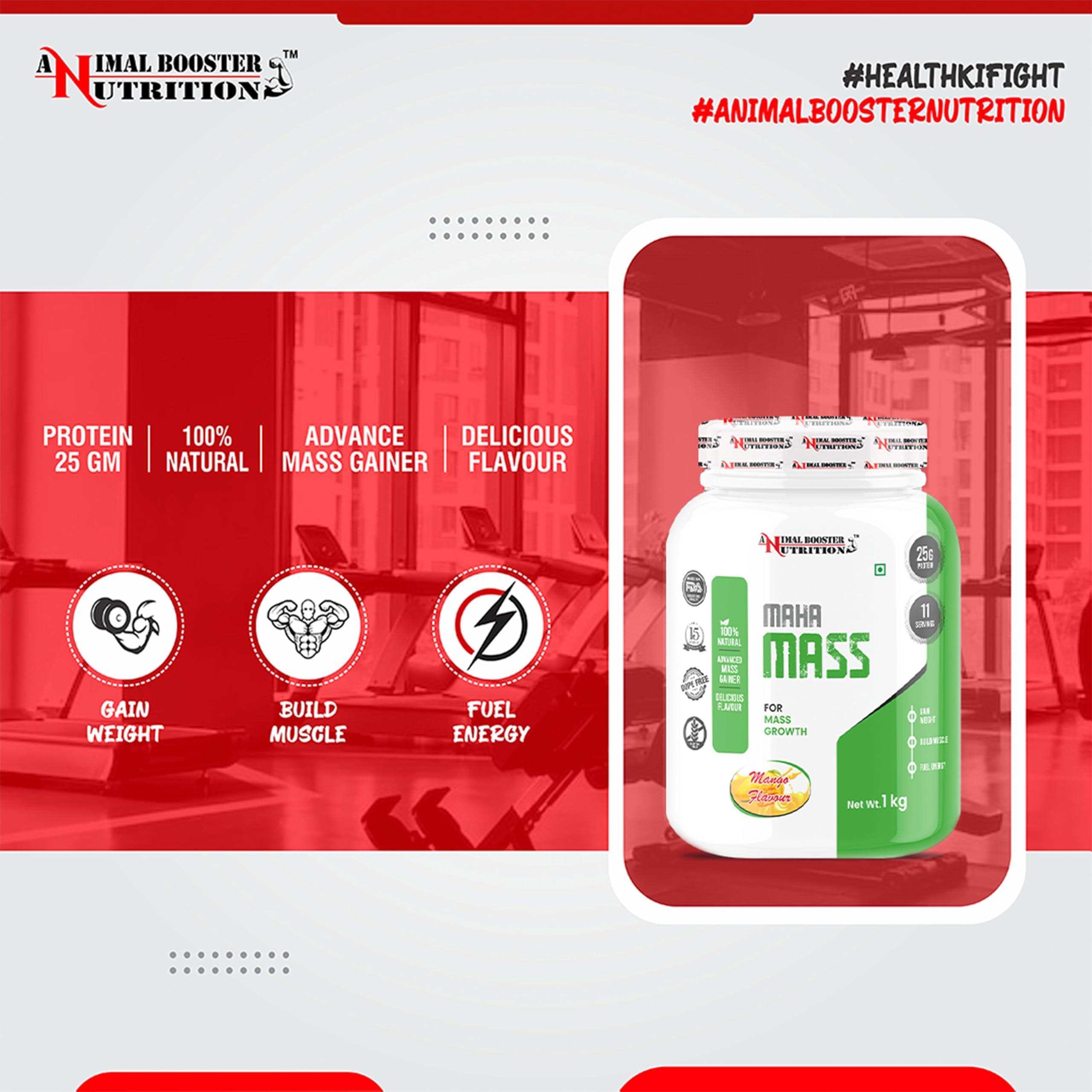 ANIMAL BOOSTER NUTRITION Animal Booster Nutrition Maha Mass Gainer, 25 Gram Of Protein in 90gm of Serving Helps in Gain Weight, Build Muscle & Fuel Energy (Mango Flavor) (11Servings/1KG)