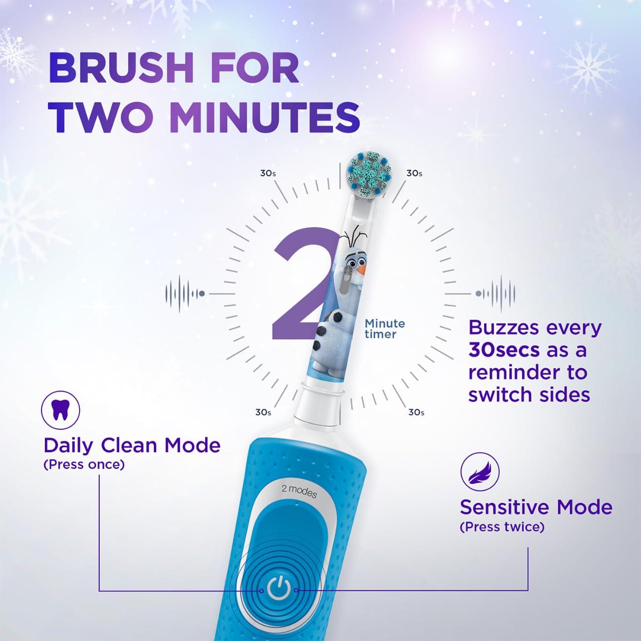 Oral B Oral B Kids Frozen Rechargeable Rotating Electric Toothbrush, 2 Brushing Modes (Daily & Sensitive), 2 Min Timer with Quadpacer, 2 Year Warranty, IPX7 Water Resistant, Round Brush Head