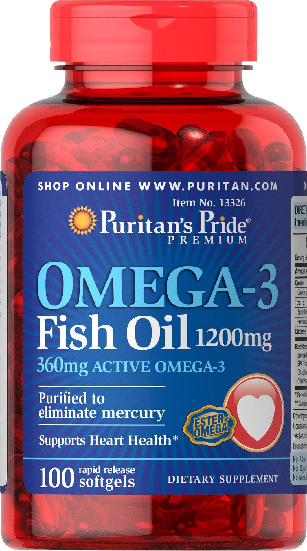 Puritan\'s Pride Puritans Pride Nutritional Softgels, Omega-3 Fish Oil, 1200 mg, 100 Count