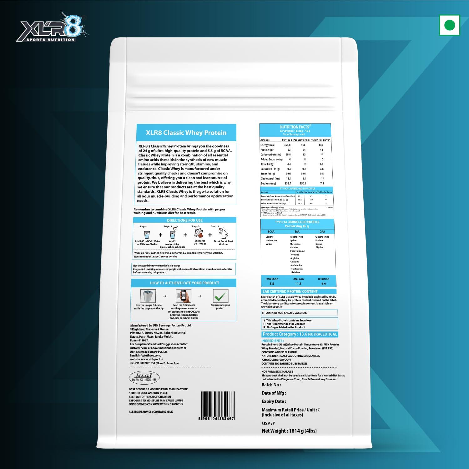XLR8 XLR8 Classic Whey Protein Powder, 24 g Protein, 5.5 BCAA, No Maltodextrin (1814 g (Pack of 1), Double Chocolate)