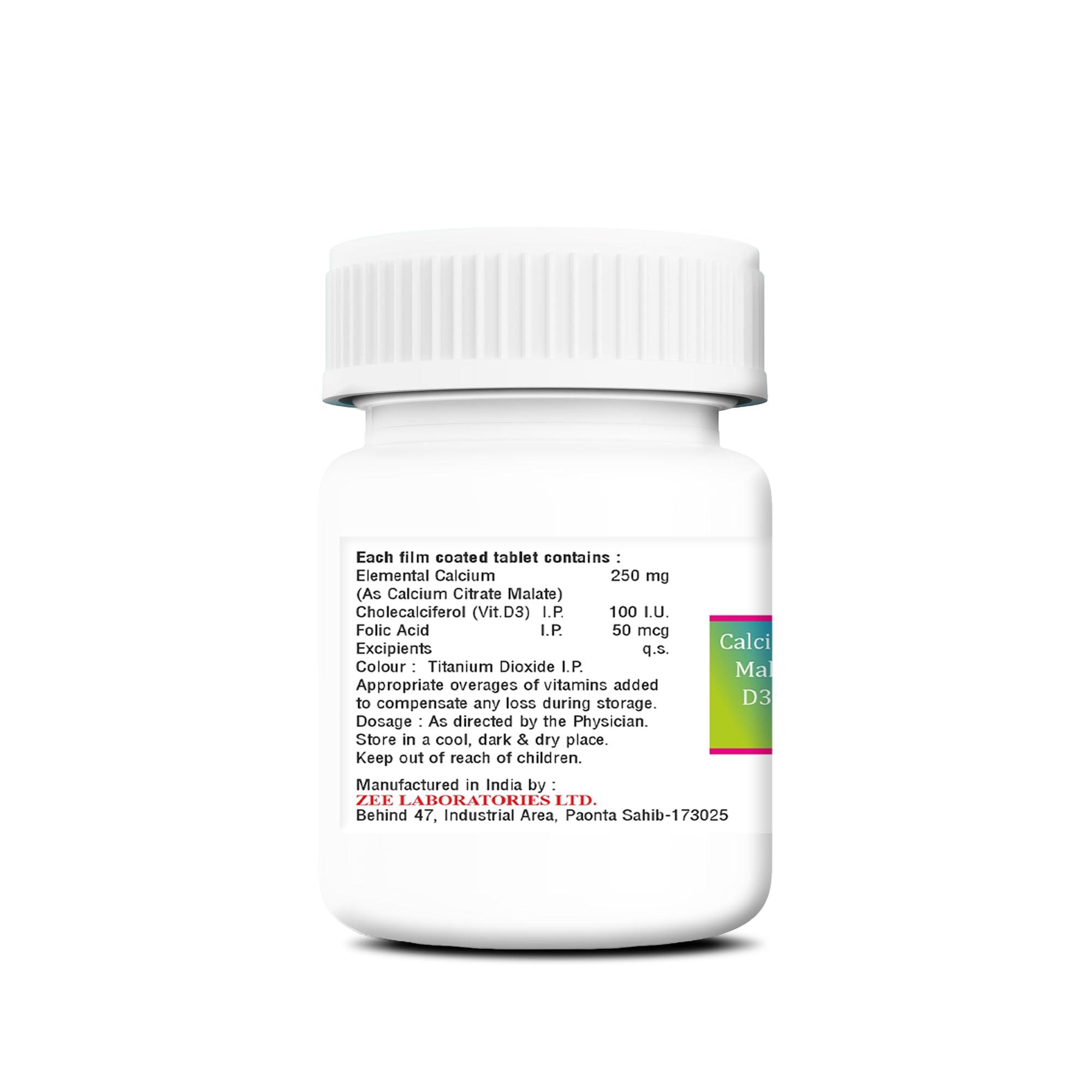 Zeelab Zeelab Travocal F Tablets | Calcium Citrate Malate (250 mg) + Vitamin D3 100 IU + Folic Acid (50 mcg) (30 Tablets Jar)