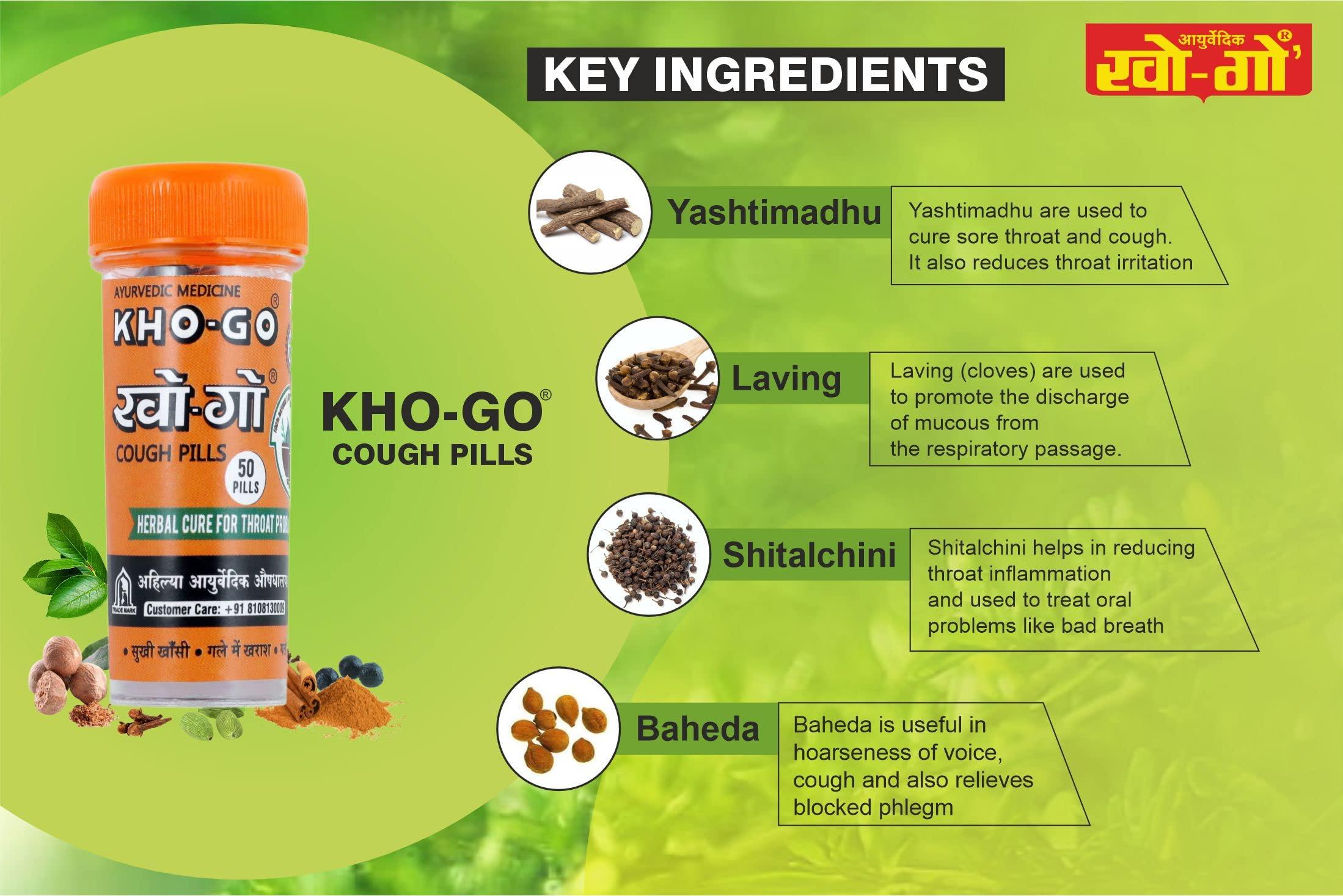 KHO-GO Khogo Pills For Cough & Sore Throat, Ayurvedic Tablets For Seasonal Cough & Bad Breath, 50 Pills in each Btl, 50 Tab, Pack Of 4