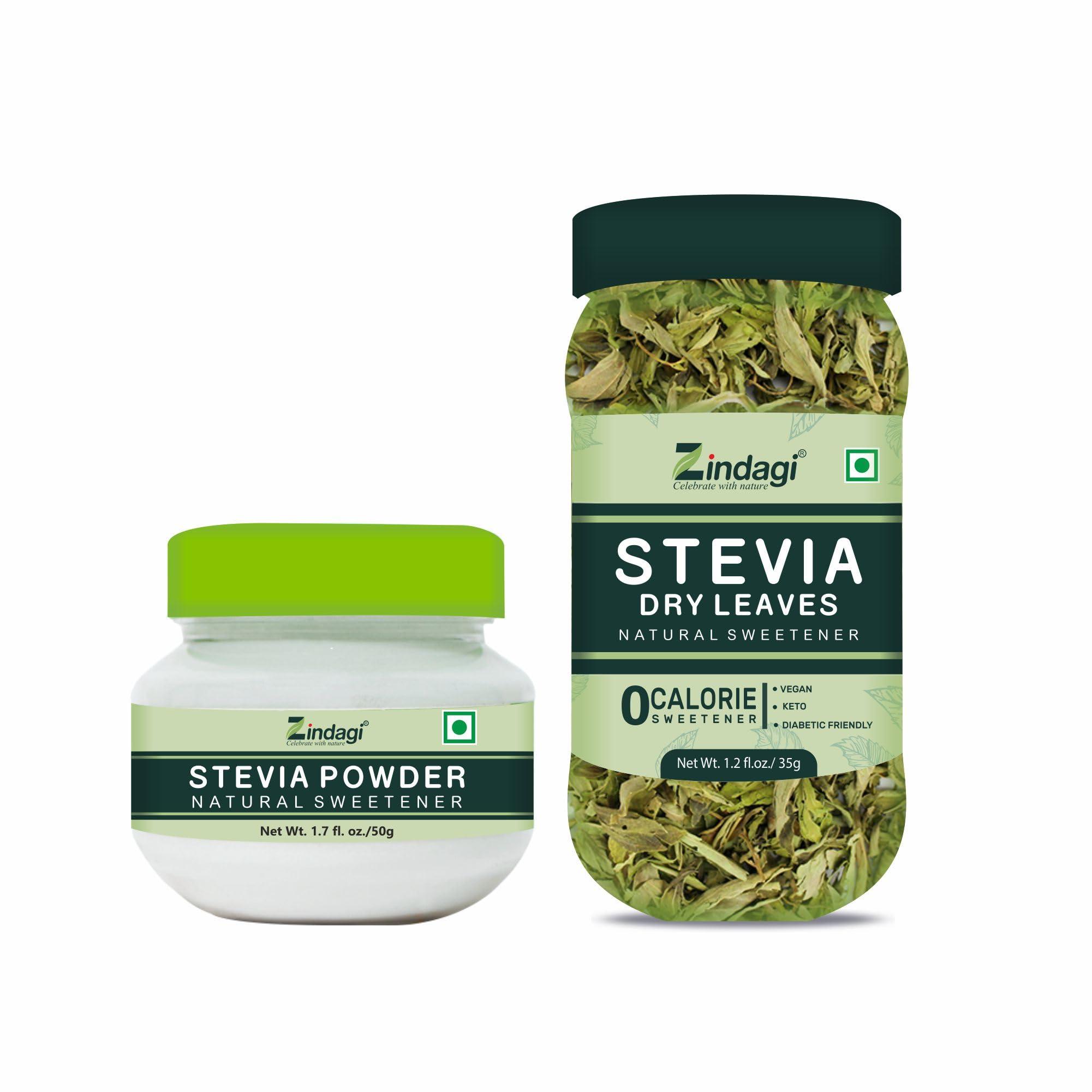 ZINDAGI Zindagi Stevia Dry Leaves 35gm & Stevia White Powder 50gm - Natural Stevia Sugar Subsitute - Sugarfree (Stevia Combo Pack)