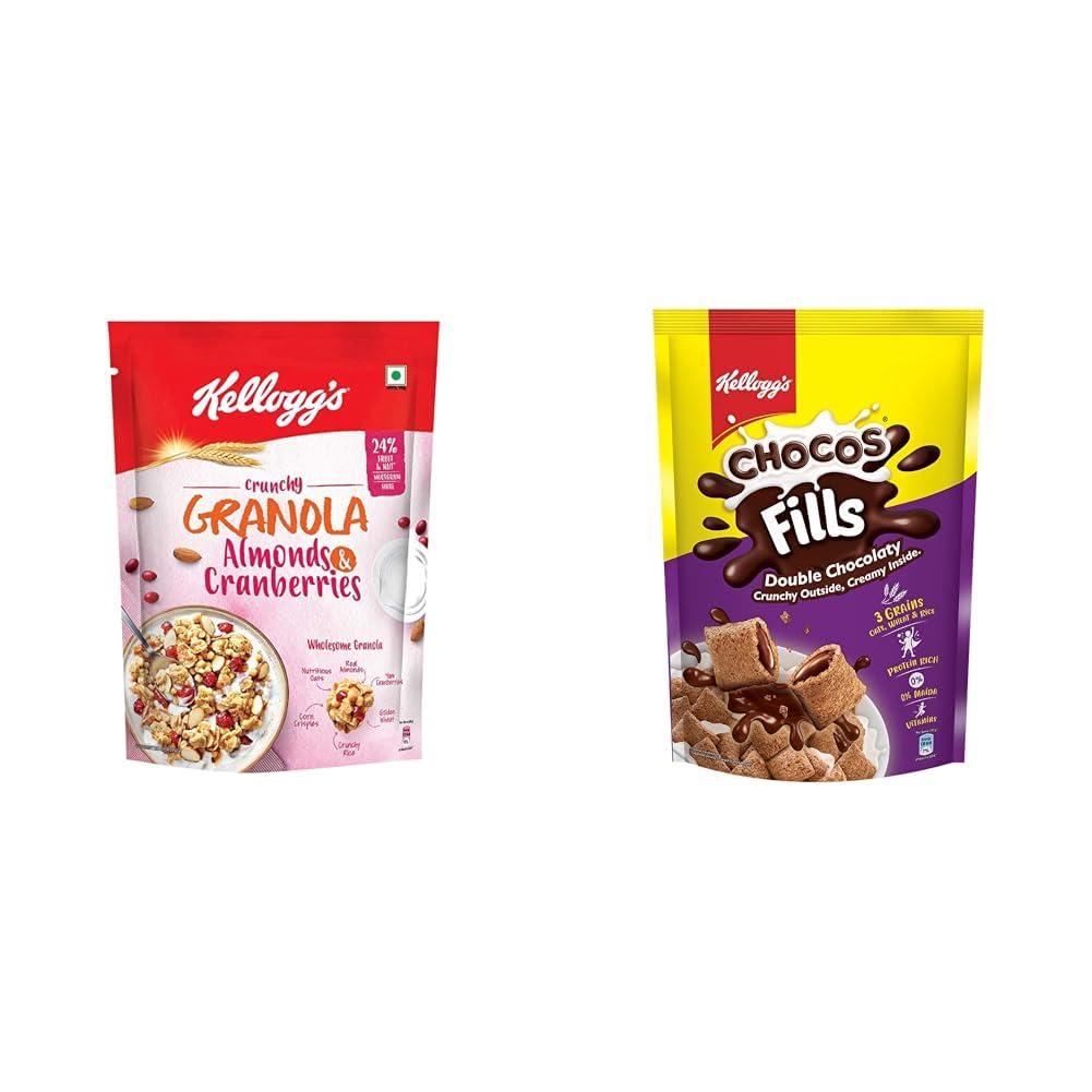 Kellogg\'s Kellogg\'s Crunchy Granola Almonds & Cranberries 140g 24% Multigrain Breakfast Cereal + Kellogg\'s Chocos Fills Double Chocolaty, 3 Grains: Oats, Wheat & Rice, Protein & Vitamin Rich, 0% Maida