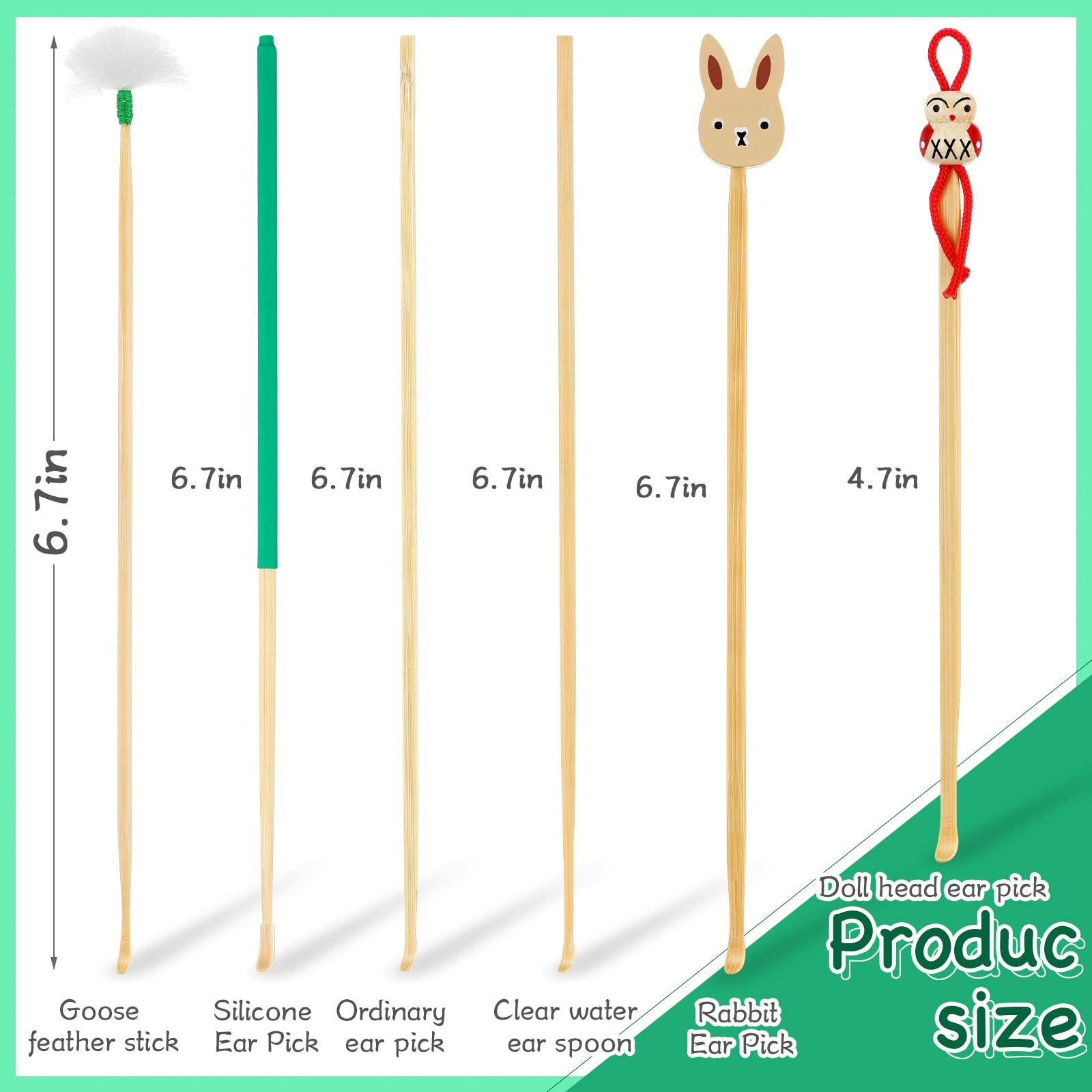 Tondiamo 6 Pieces Bamboo Ear Cleaner Wood Ear Pick Bamboo Ear Pickers Ear Cleaning Tools for Humans Bamboo Ear Cleaner Cute Doll Bunny Goose Feather Earpick for Adults Kids Ear Cleaning Kit