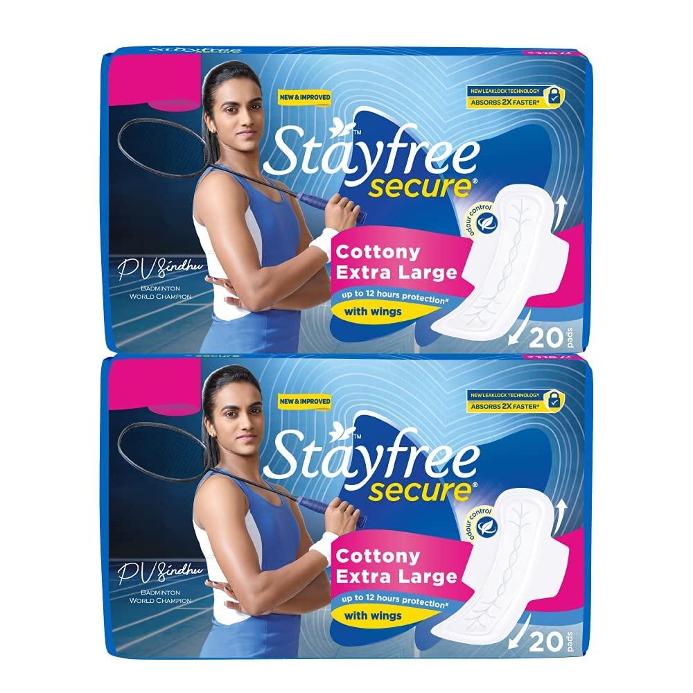 Stayfree Stayfree Secure XL Sanitary Pads For Women Cottony Cover With 100% Leakage Protection, 2x Coverage, 20s x 2 (40 Napkins)