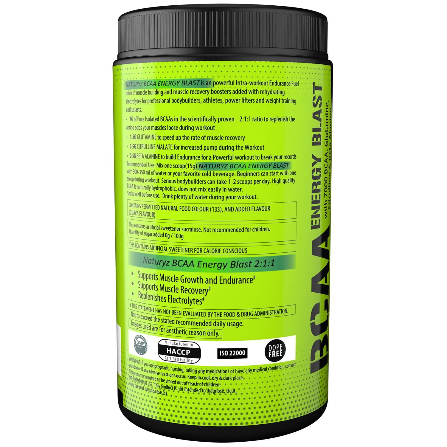 Naturyz NATURYZ BCAA Energy Blast Pre Intra Post Workout Supplement With 7000 BCAA | Glutamine | Citrulline | Beta-Alanine for Muscle Recovery | Power & Energy-450 Grams(Guava Flavor)