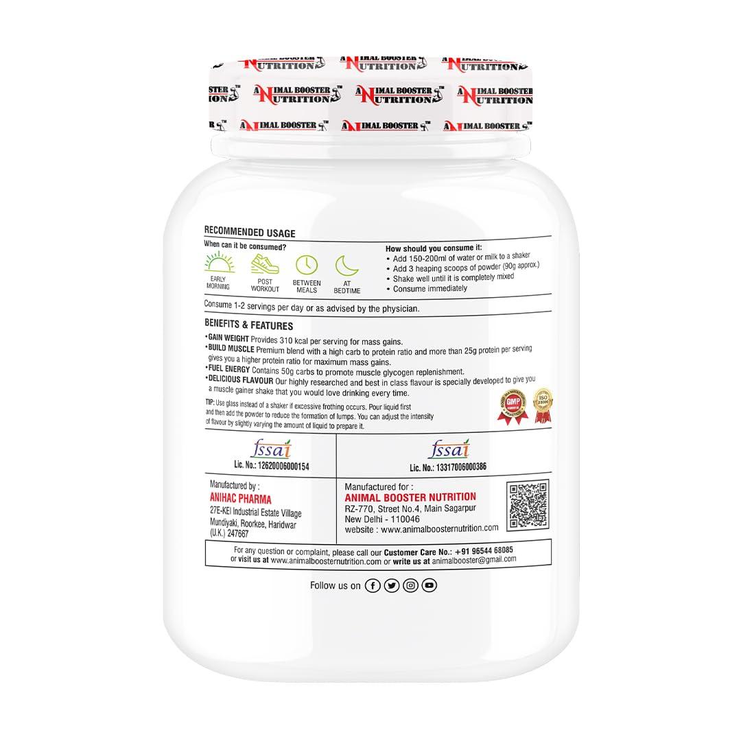 ANIMAL BOOSTER NUTRITION Animal Booster Nutrition Maha Mass Gainer, 25 Gram Of Protein in 90gm of Serving Helps in Gain Weight, Build Muscle & Fuel Energy (Mango Flavor) (11Servings/1KG)