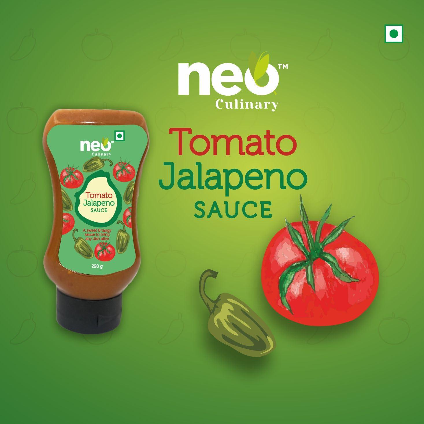 Neo Neo Tomato Jalapeno Sauce 290g I 100% Vegan I Gluten Free I Use as Dip Spread Marinade Sauce I Topping and Dip for Snacks, Spicy Sauce I Enjoy as Spread for Sandwich and Vada Pav I Pack of 1