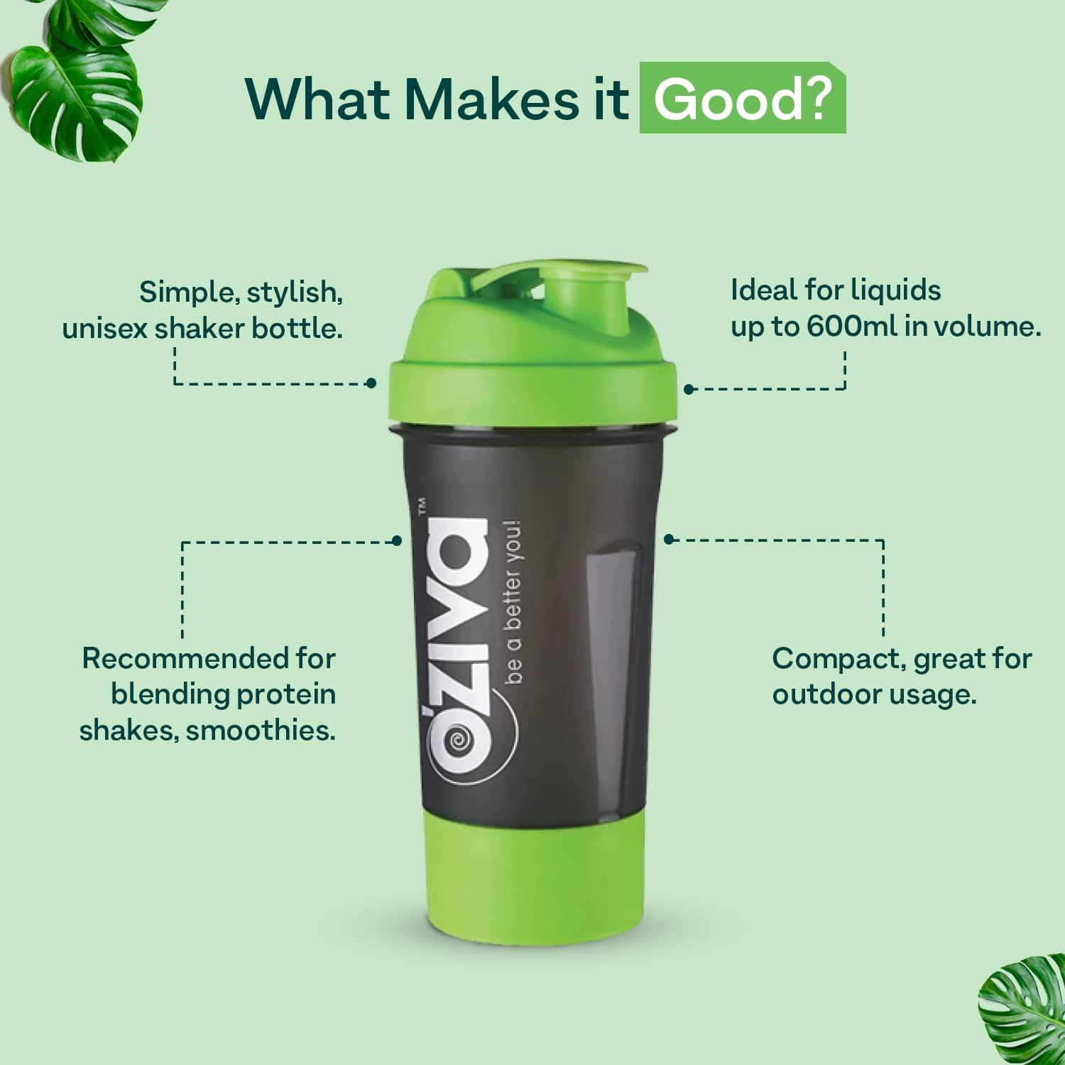 OZiva OZiva Gym Shaker Green Top, 600ml with Detachable Storage Compartment & Mesh strainer, Shaker for Protein Shake, Gym & Shakes