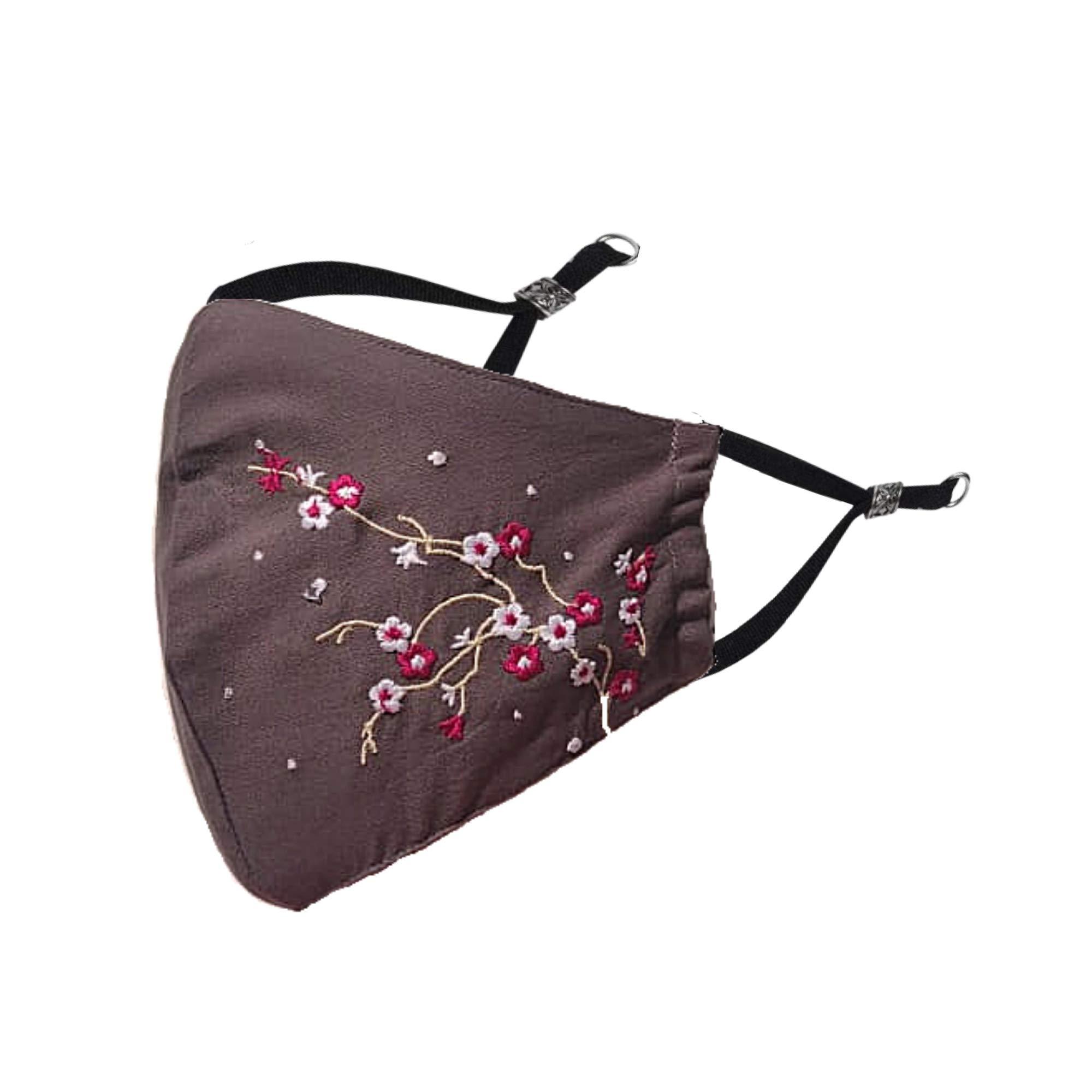 Shaila's Couture Shaila's Couture Embroidered Face Mask, Adjustable Earloops, Washable, Reusable Fabric (Ruby, Black, Charcoal, Without Valve, Pack of 3) for Women