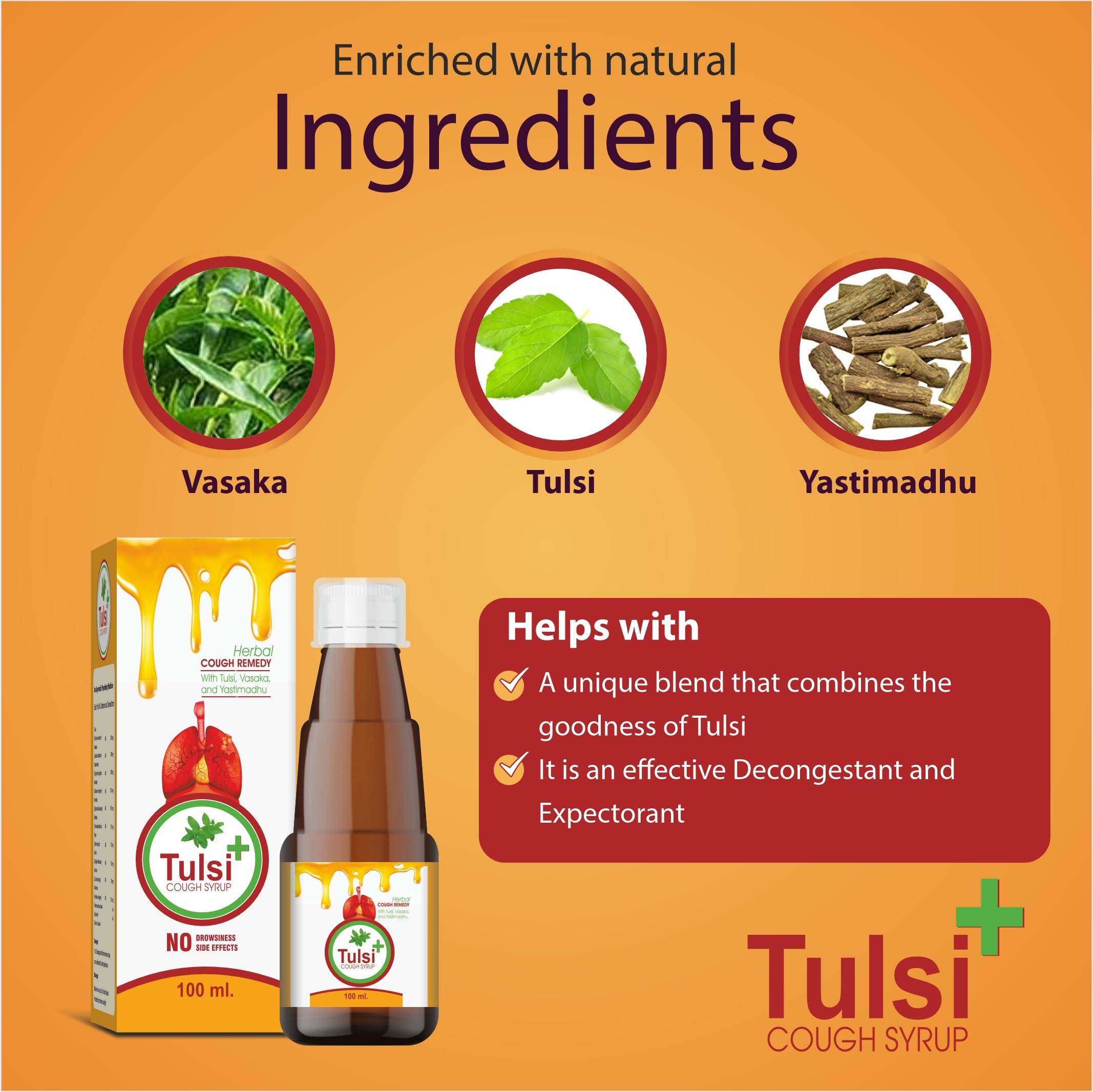 LEMFORD BIOTECH Tulsi Plus Herbal Cough Syrup, 100ml, Relieves Throat Congestion, Dry Cough & Irritation, Pack of 4