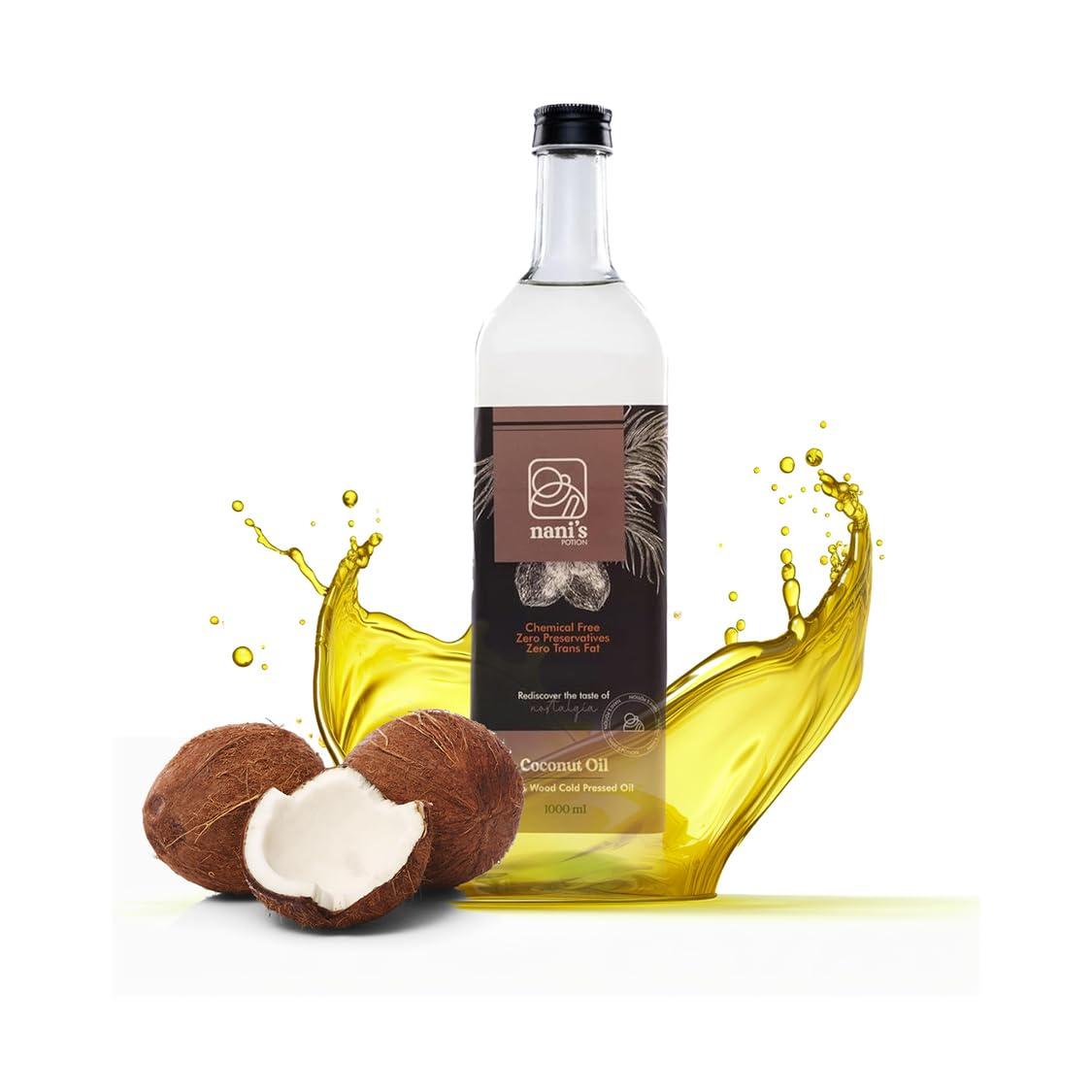 Nani\'s Potion Nani\'s Potion Wood Pressed Coconut Oil Glass Bottle Natural, For Cooking, Chemical-Free, Cold Pressed Coconut Oil For Cooking, Kachi Ghani Oil, Daily Cooking, Naturally Cholesterol Free, 1000 Ml
