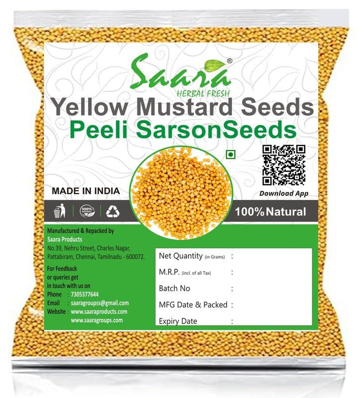 SAARA Saara HERBAL FRESH White Mustard Seeds (Yellow Mustard), 400g, Sinapis Hirta, Sinapis Alba, Pili Sarso, Pickle Special, (pack of 4 x 100g)