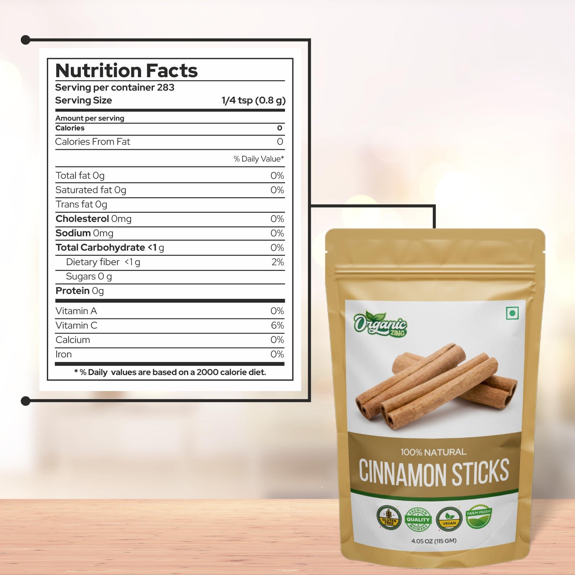 ORGANIC ZING Organic Zing Cinnamon bark - Ceylon Cinnamon Sticks for Baking, Cooking & Smoothies | Vegan | Preservative Free | Product of India - 115g resealable pack