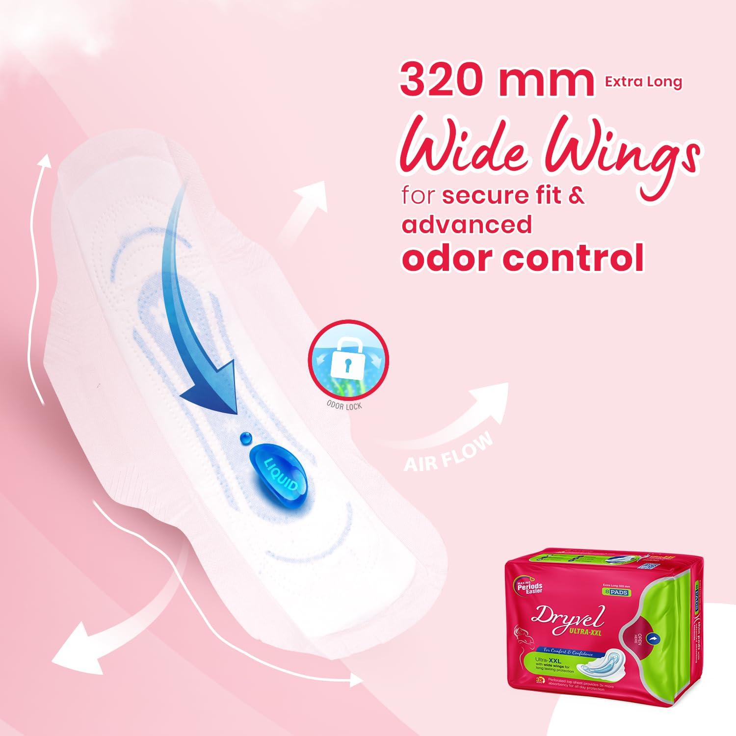 DRYVEL Dryvel Ultra Sanitary Pads | Sanitary Napkins for Women | Sanitary Napkins with Wider Wings | Breathable Cotton Pads Sanitary Napkins | Pee Safe Sanitary Pads Pack of 6 (8 Pads each)