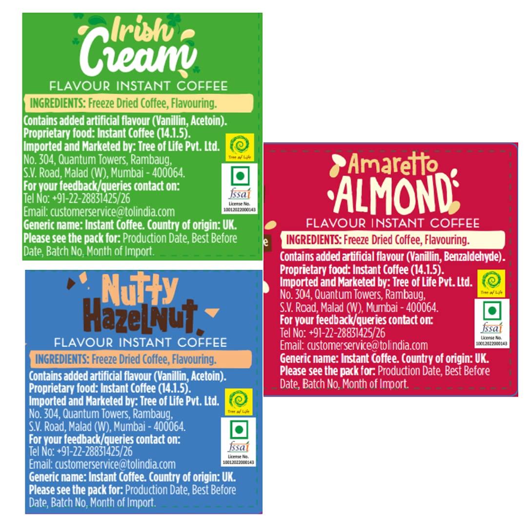 Beanies The Flavour Co Beanies|Instant Flavoured Coffee |Irish Cream 50g, Nutty Hazelnut 50g, Amaretto Almond 50g|Low Calorie, Sugar Free|Pack of 3