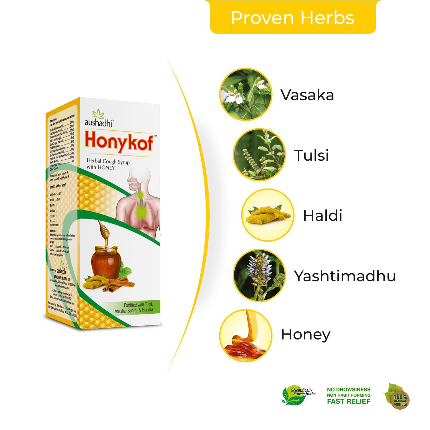 Aushadhi Honykof Herbal Cough Syrup | Ayurvedic Honey & Mint Formula for Dry Cough, Sore Throat, and Congestion Relief | Natural, Side Effect-Free | Pack of 3 (200ml Each) | For All Ages