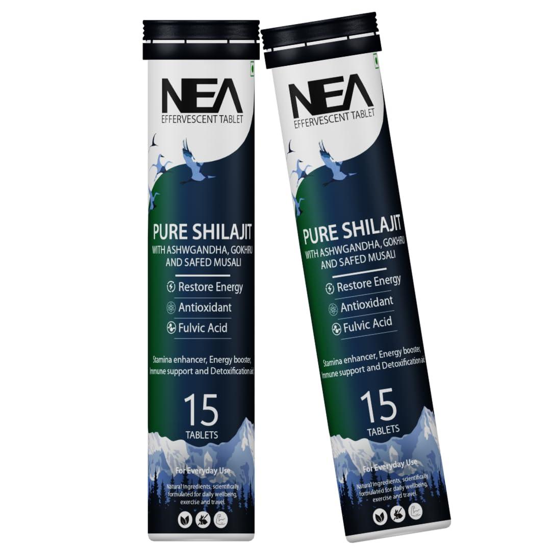 NEA Nea Ayurvedic Himalayan Shilajit Effervescent with Ashwagandha, Safed Musli & Gokhru | 2 Bottles of 15 Tablets Each