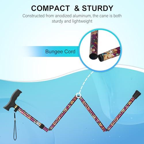 supregear supregear Folding Cane, Lightweight 5-Level Height Adjustable Walking Stick with Wrist Strap and T Handle Travel Cane for Elderly Disabled Men Women Balancing Mobility Aid Portable Cane, Floral Purple