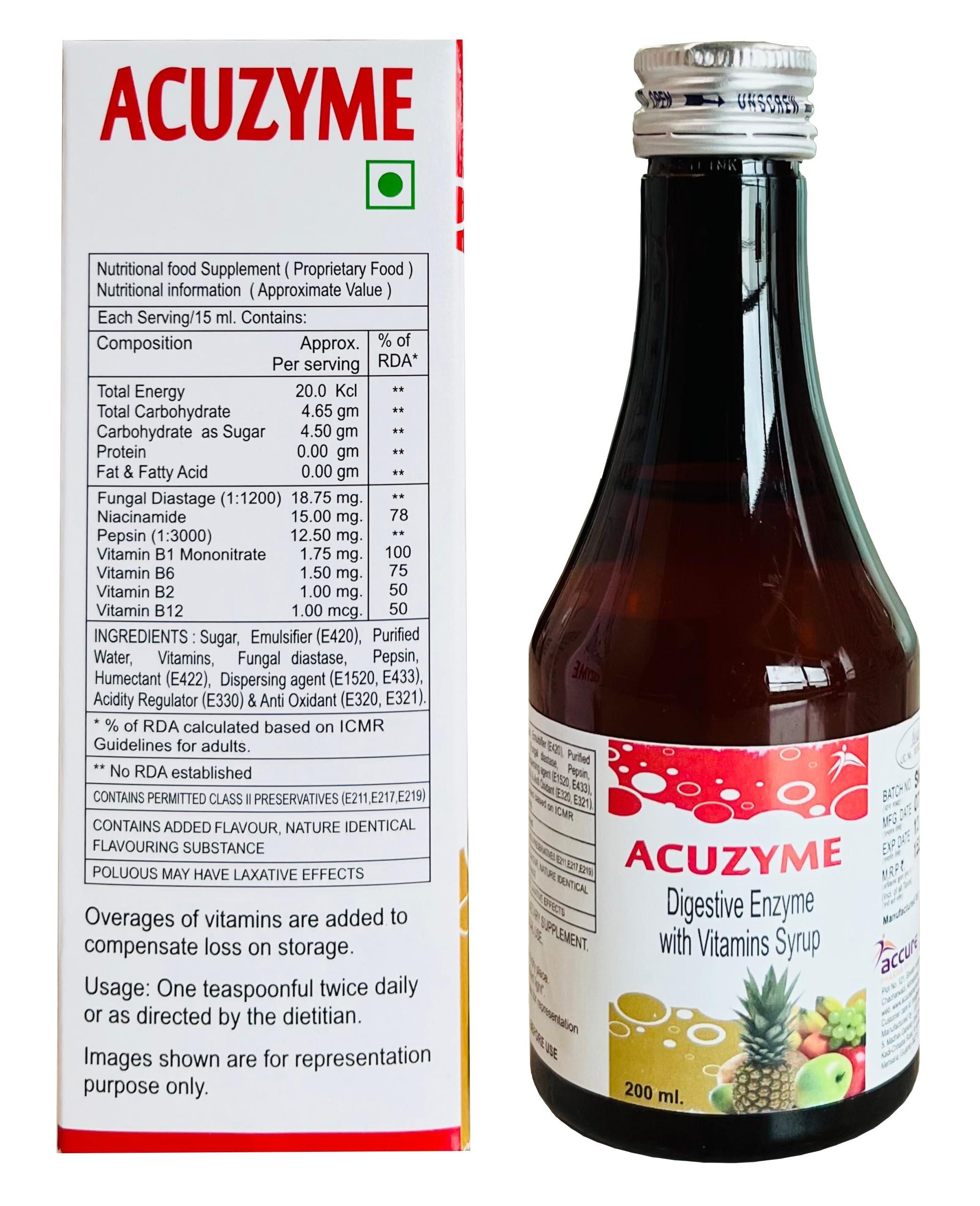 Accure Pharma Pvt Ltd Acuzyme| Syrup for Digestion, gut health, Acidity & Bloating | For Men, women and Kids | 200ml|Accure pharma