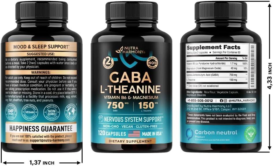 Urban Star GABA Supplements 900 mg | L-Theanine | Magnesium | Vitamin B6 - Natural Calm | Sleep | Relaxation | Stress Relief Support - 750 mg Gamma AminoButyric Acid - 120 Natural Vegan Capsules