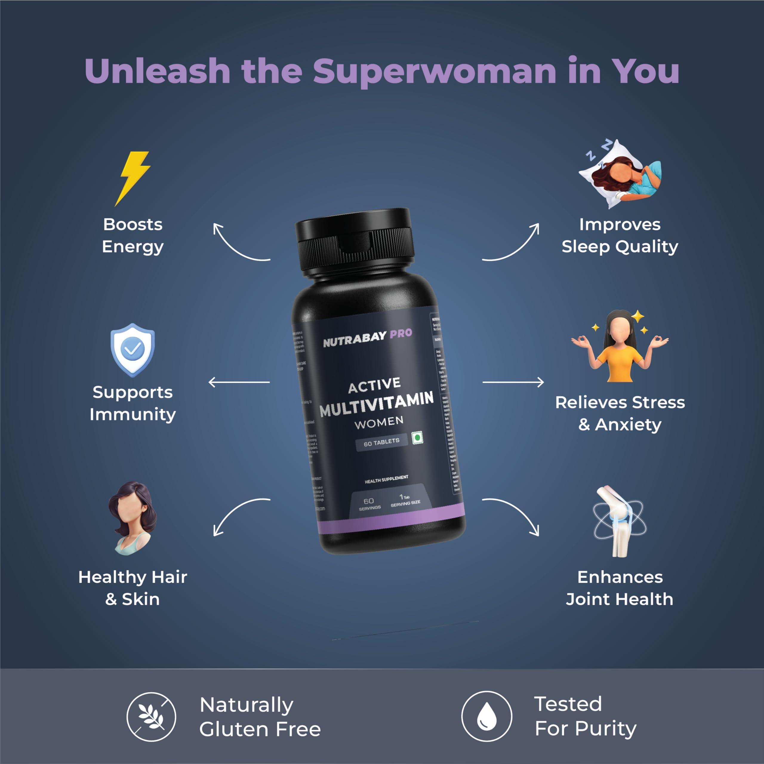 Nutrabay Nutrabay Pro Active Multivitamin for Women - 60 Tablets | Effective Doses of Iron, Vitamin A, B5, B6, C, D, E & K and Multiminerals | Immunity, Hair, Skin, & Bone Support