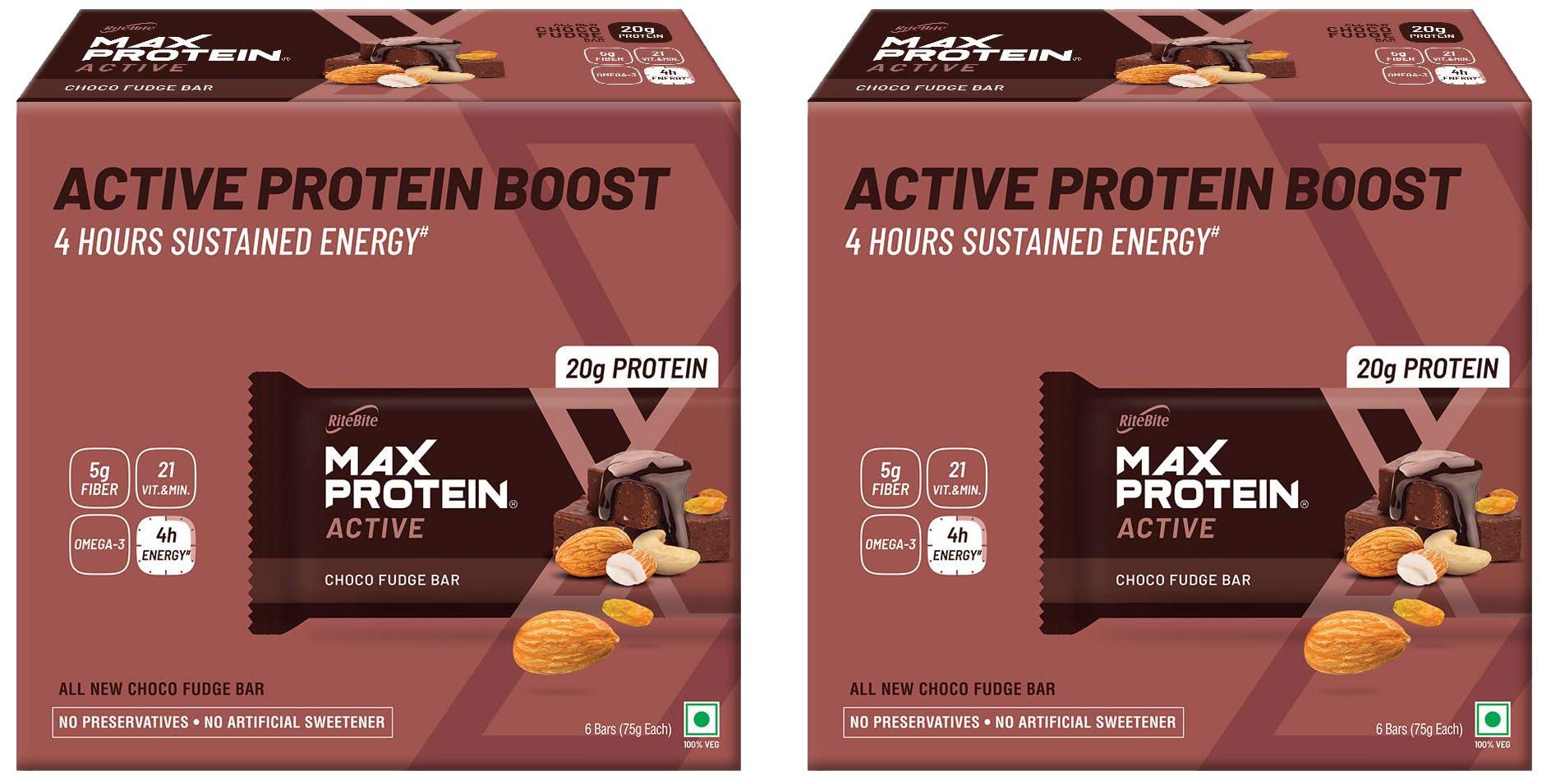 RiteBite Max Protein RiteBite Max Protein Active Choco Fudge Protein Bars (Pack of 12) * 75gm each 20g Protein Blend, Fiber, Vitamins & Minerals, No Preservatives, 100% Veg, For Energy, Fitness & Immunity