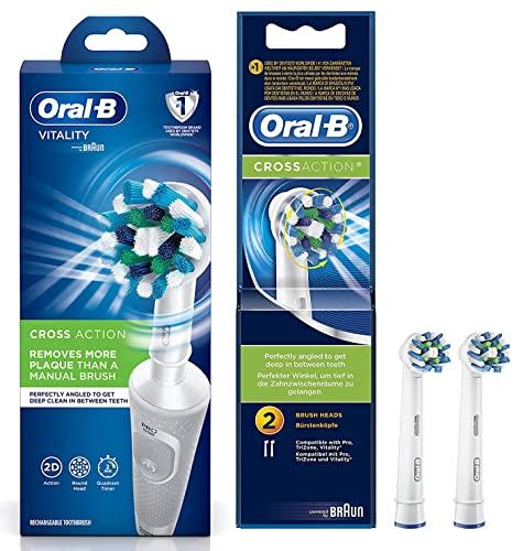 Oral B Oral B Vitality 100 White Criss Cross Electric Rechargeable Toothbrush Powered By Braun & Oral B Cross Action Toothbrush Heads Pack Of 2 Replacement Refills For Electric Rechargeable - Oral Care Combo