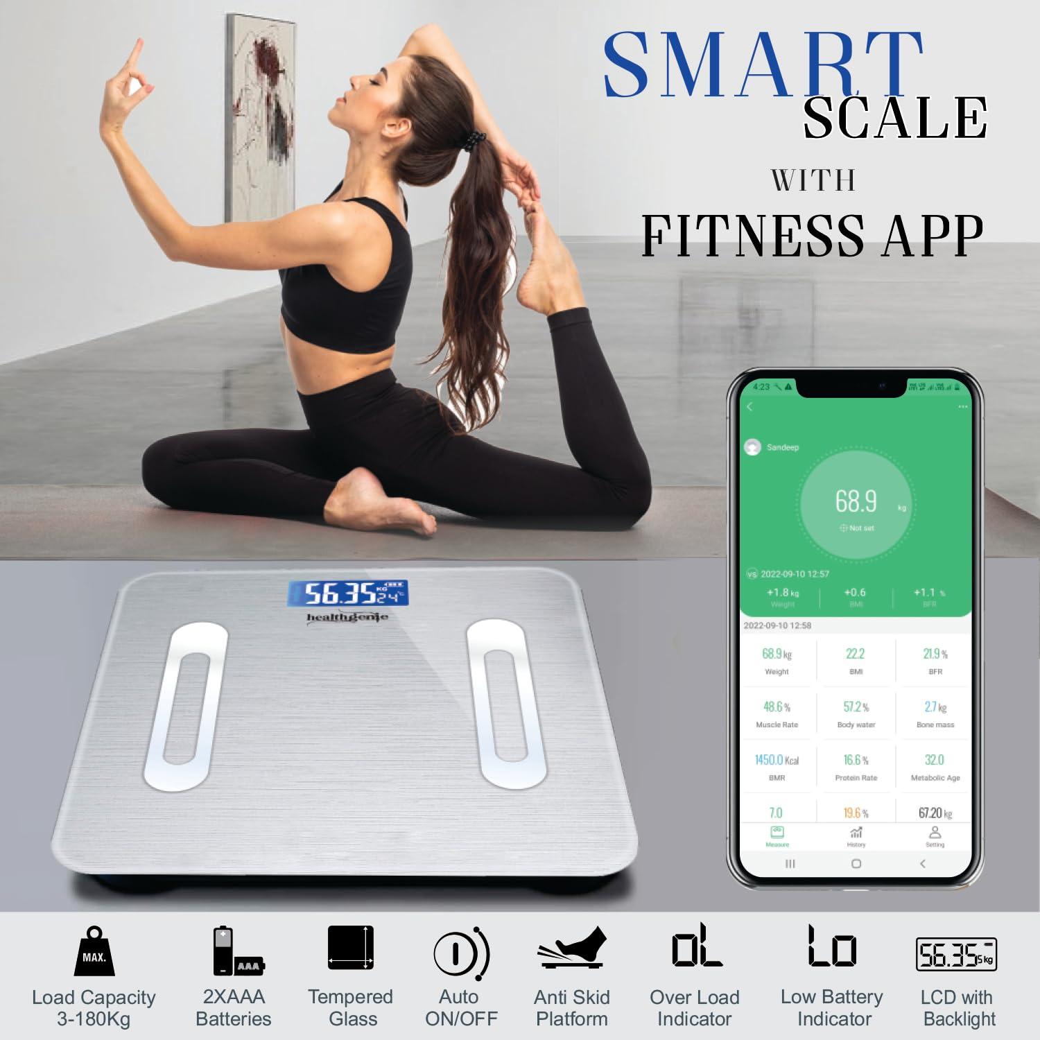 Healthgenie Healthgenie Smart Bmi Weight Machine For Body Weight With 18 Body Parameters Sync With Mobile App, 2 Yrs Warranty Bluetooth Weighing Machine Metallic Shine (Hb-411), 180 kg