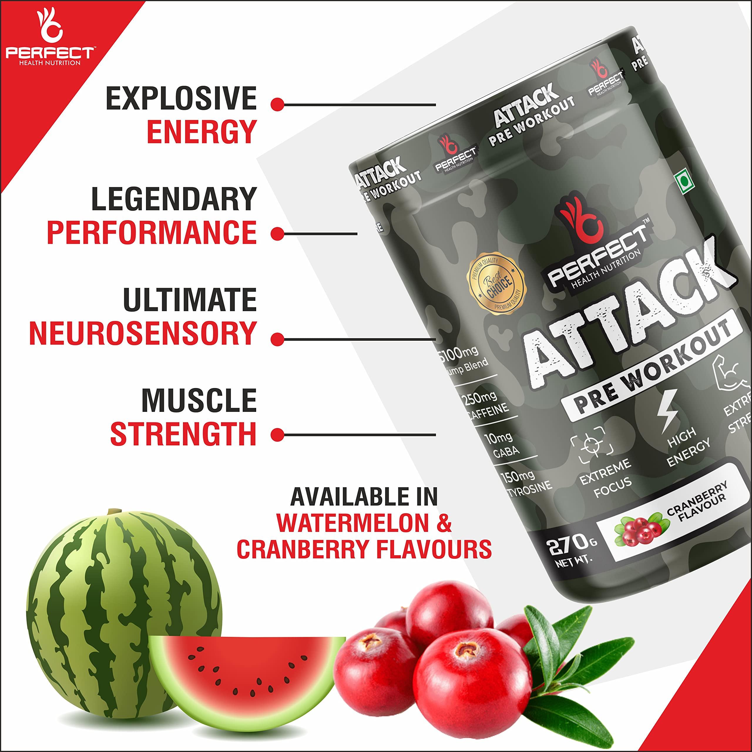PERFECT HEALTH NUTRITION Perfect Health Nutrition, Attack (Pre-Workout) with 250mg Caffeine, Helps in Better Endurance, Increased Energy, Elevated Focus and Reduces Fatigue (270gm, 30/60 Servings) (Watermelon)