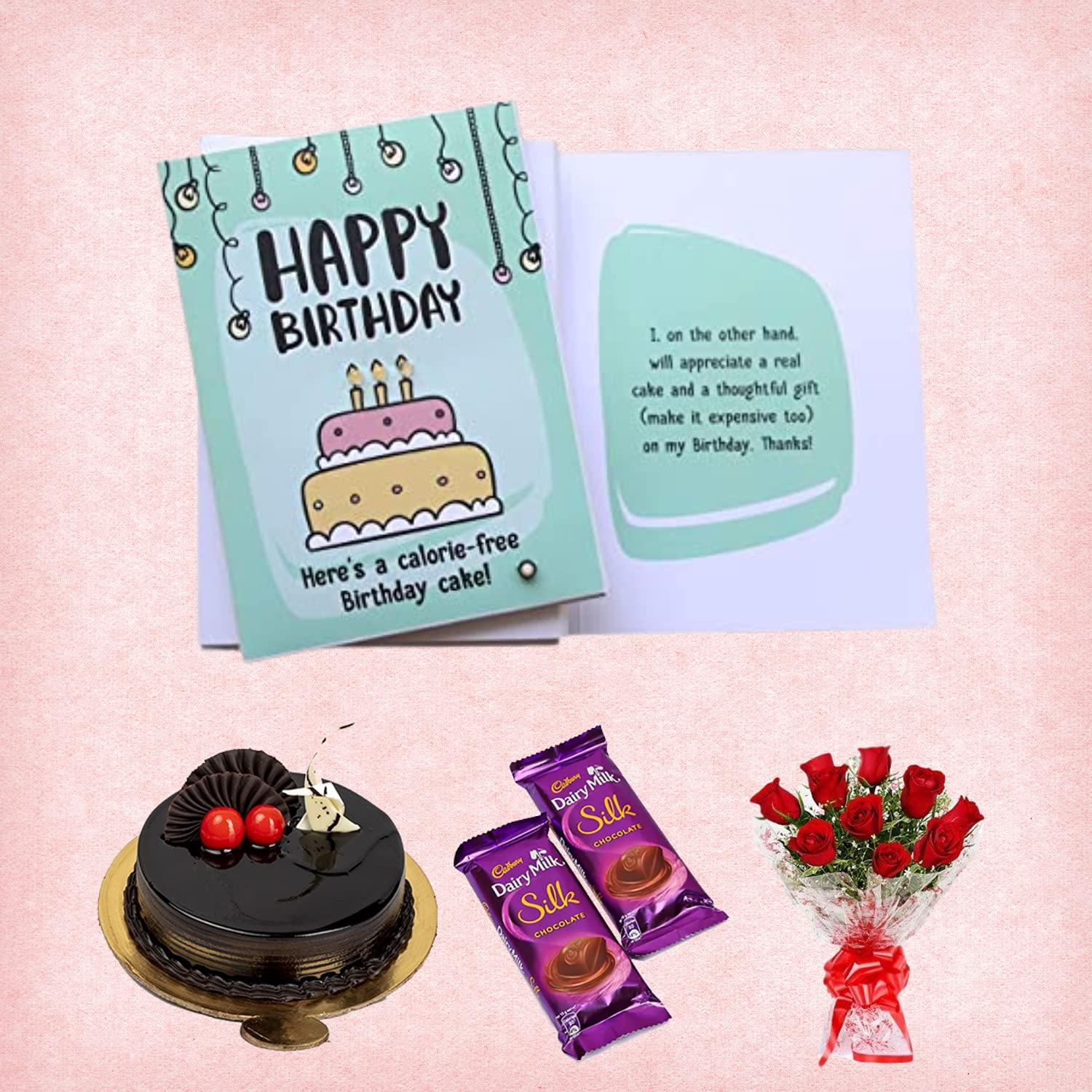 BIGWISHBOX Bigwishbox Best Combo | Chocolate Cake 500g | Fresh Flowers (10 Red Roses Bouquet) | 02 Silk Chocolates | 01 Greeting Card | Birthday/Anniversary Gift | Sameday/Nextday Delivery