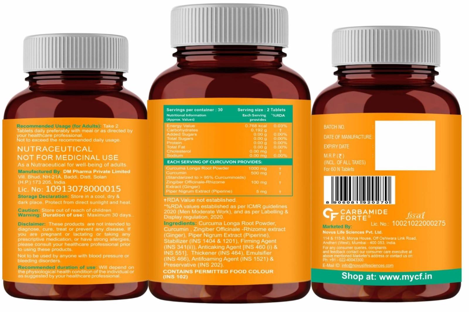 Carbamide Forte Carbamide Forte Curcumin Tablets with Piperine Tablets with 95% Curcuminoids |Anti inflammatory Supplement for Adults with Curcuma Longa, Turmeric Powder & Ginger 60 Veg Tablets (Pack of 3)