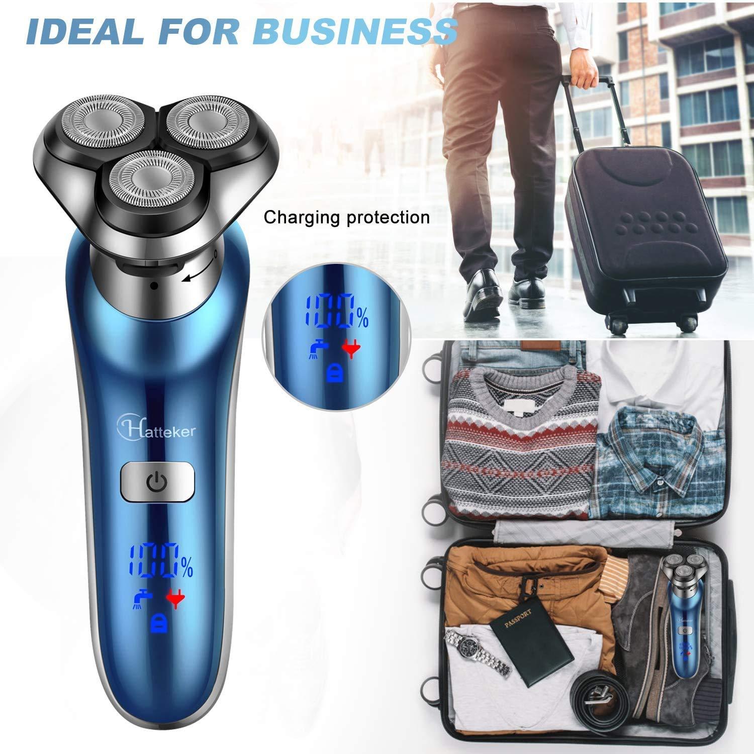 Hatteker Hatteker 4 in 1 Electric Cordless Wet Dry Face Brush Rotary Shaver, Trimmer for Men for Beard, Nose, Hair (Blue)
