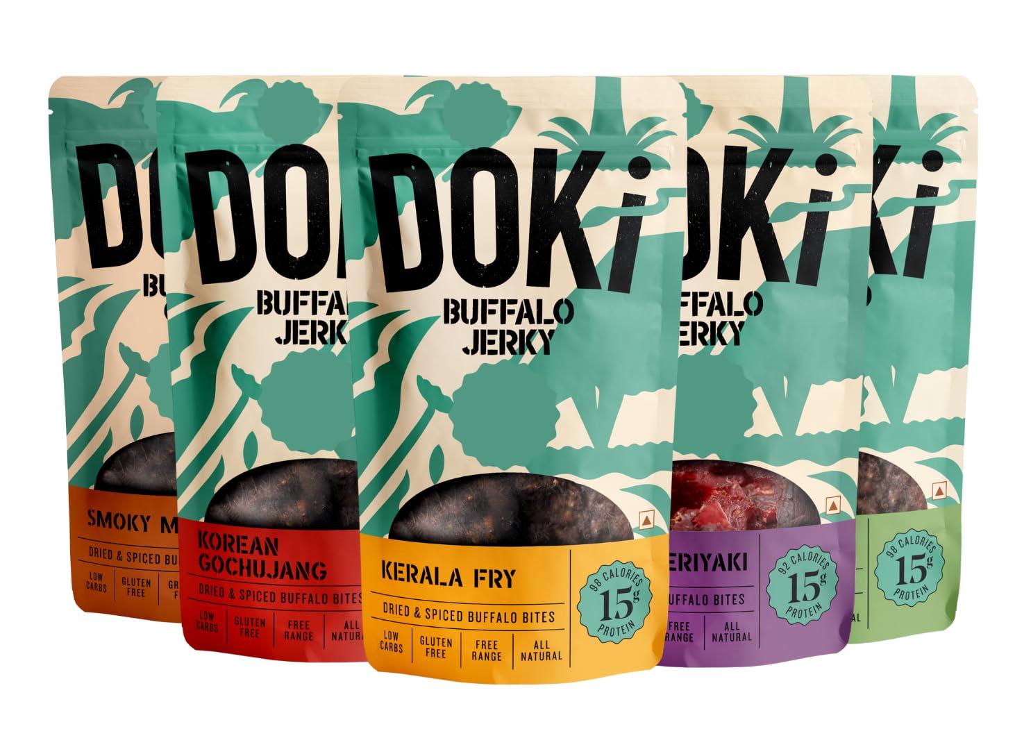 Doki DOKi Buffalo Jerky for Humans (5 Flavours) (High Protein, Low Calorie, All-Natural, Gluten Free, Ready-to-eat meat))