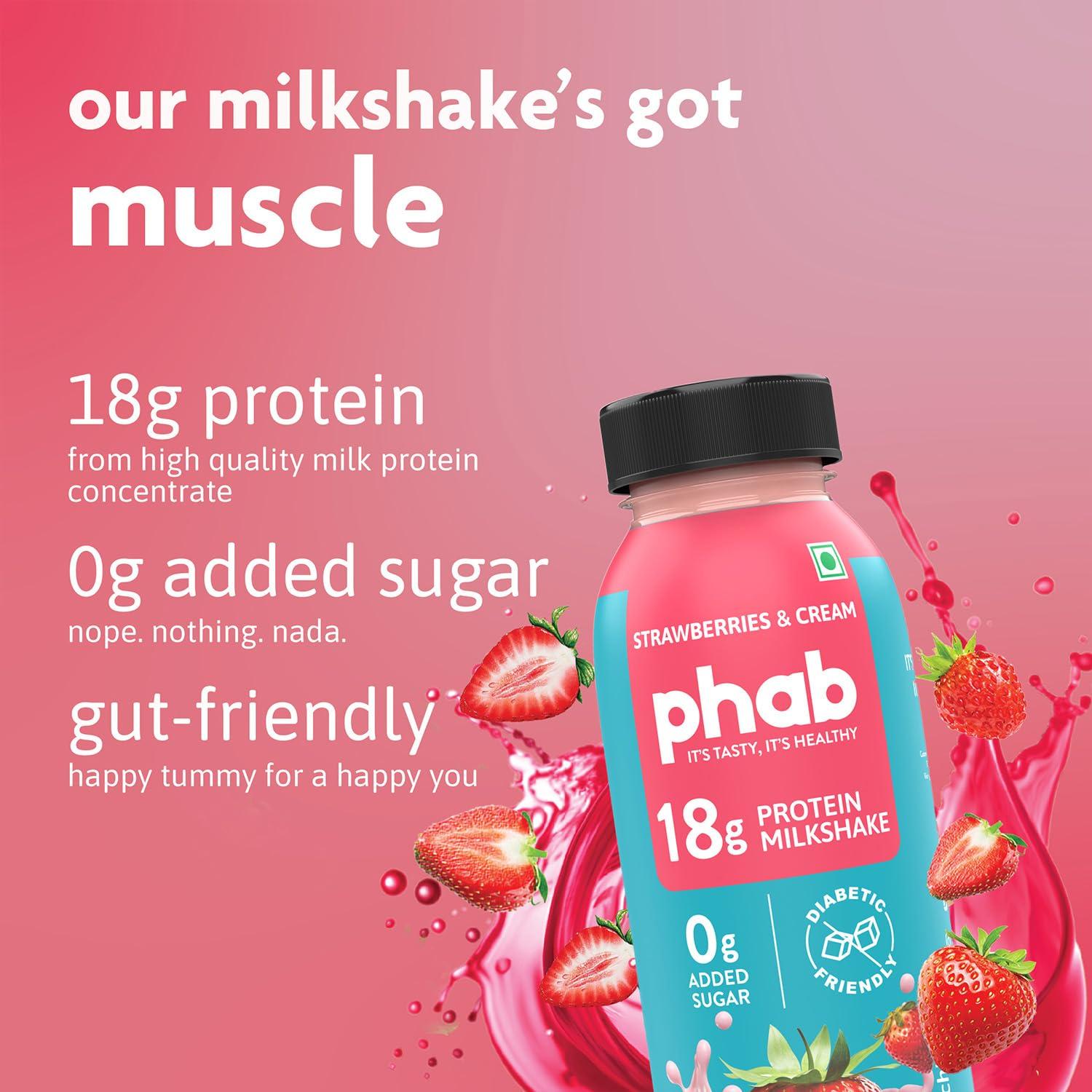 Phab Phab Strawberry Protein Milkshakes(200Ml, Pack Of 24) With 18G Protein & No Added Sugar | Gluten-Free & Gut-Friendly, Trans Fat Free | Healthy & Delicious Protein Shake